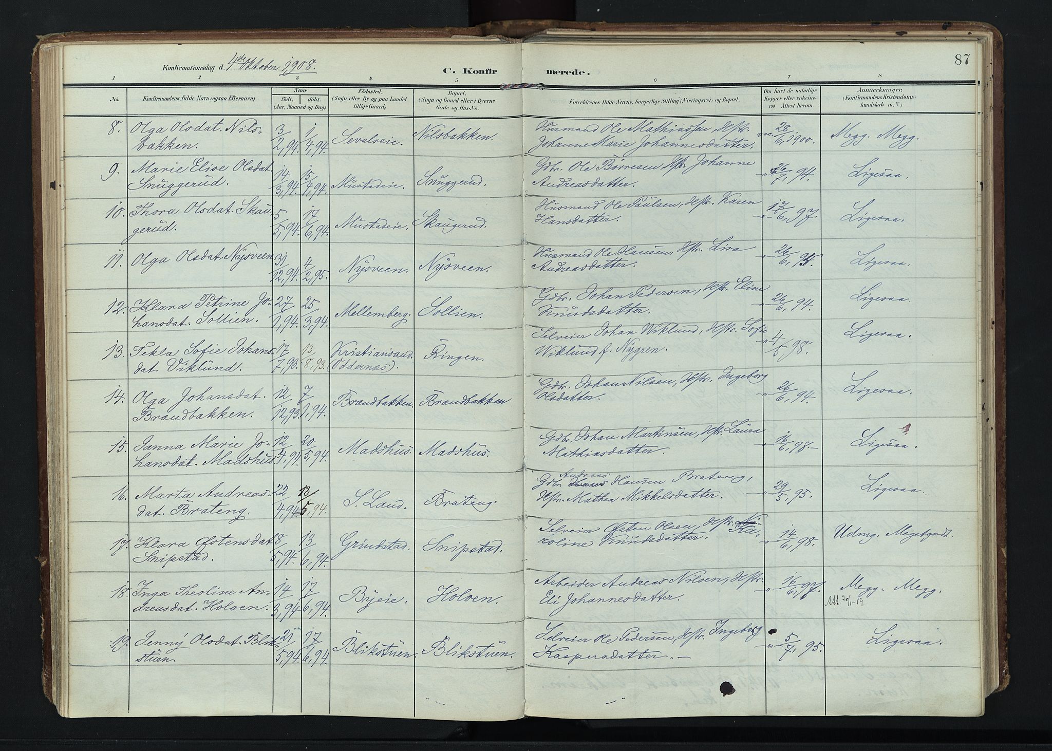 Vardal prestekontor, AV/SAH-PREST-100/H/Ha/Haa/L0020: Parish register (official) no. 20, 1907-1921, p. 87