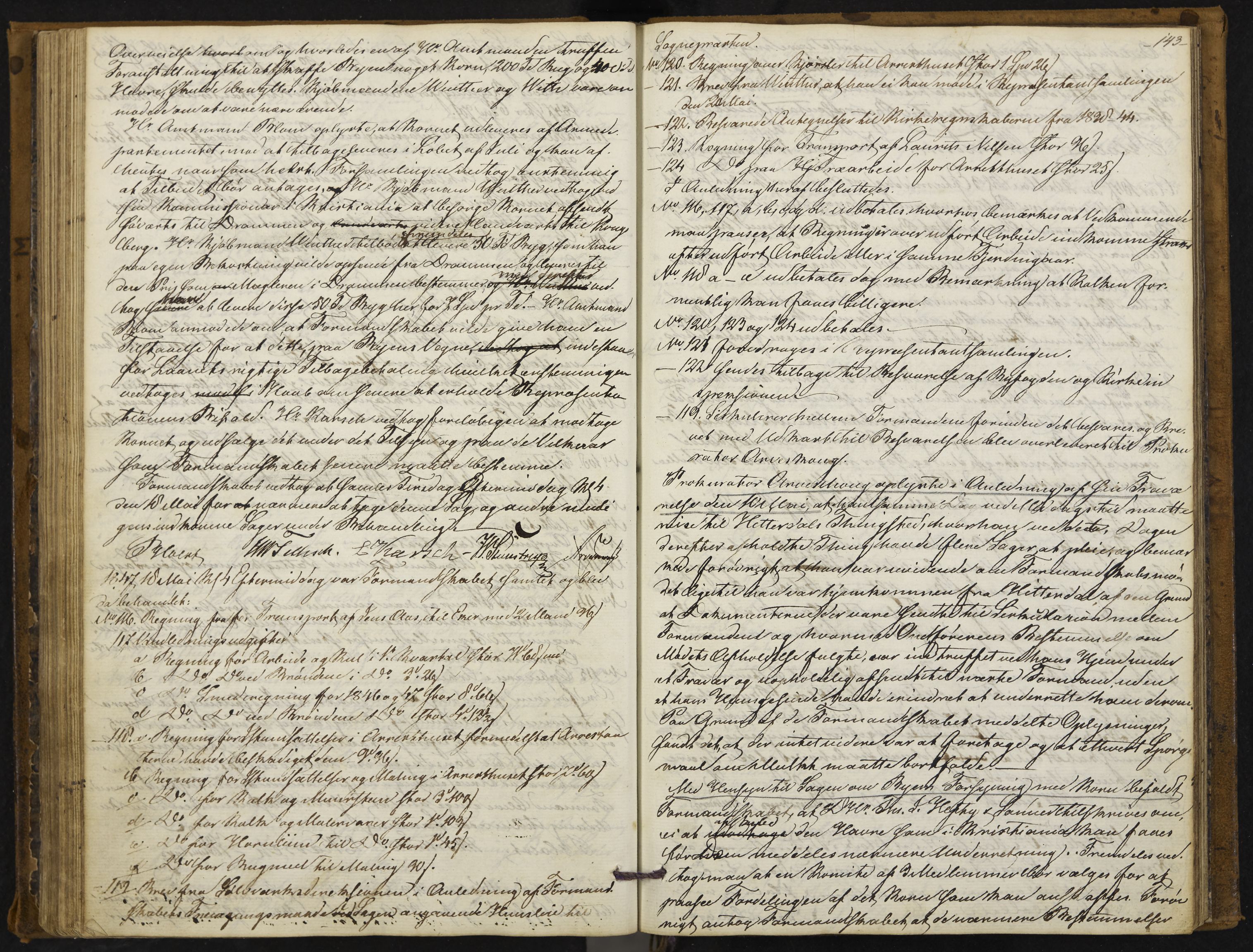 Kongsberg formannskap og sentraladministrasjon, IKAK/0604021-1/A/L0001: Møtebok med register, 1837-1849, p. 143