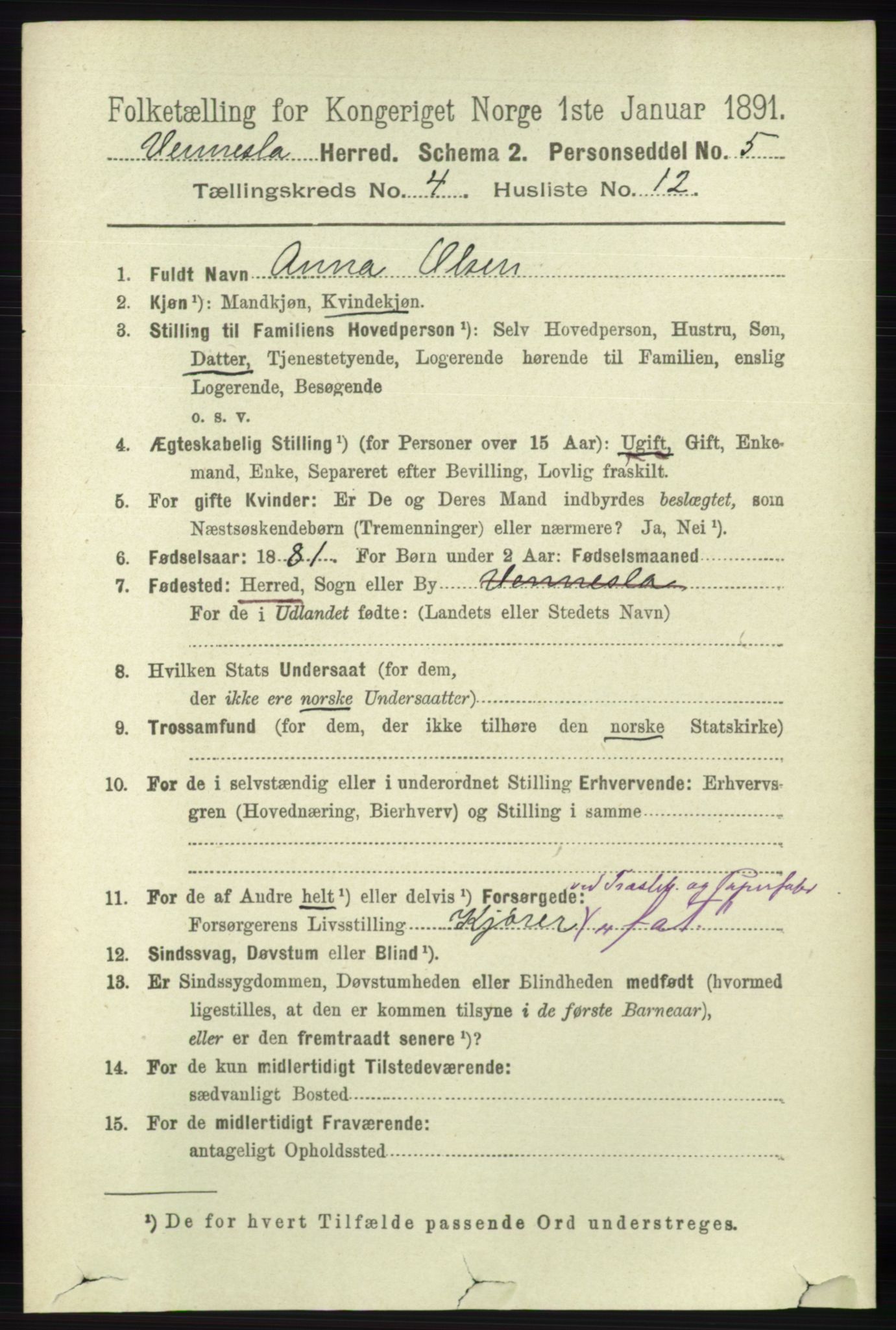 RA, 1891 census for 1014 Vennesla, 1891, p. 1147