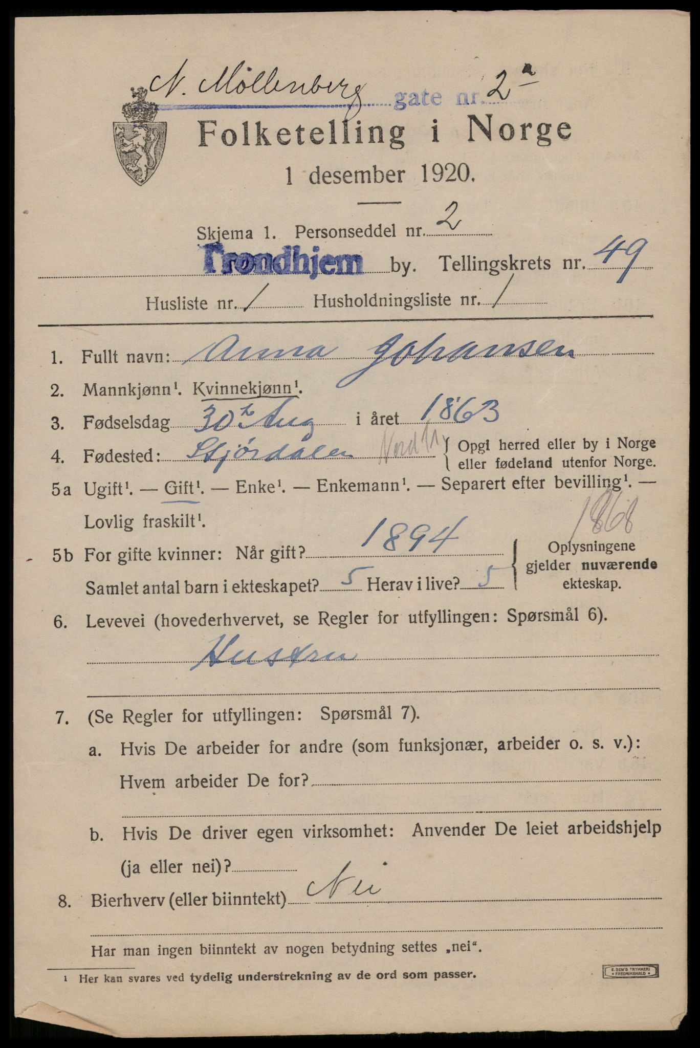 SAT, 1920 census for Trondheim, 1920, p. 102390