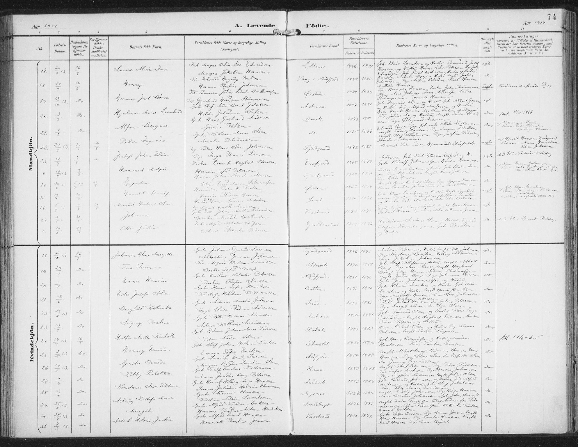 Lenvik sokneprestembete, SATØ/S-1310/H/Ha/Haa/L0015kirke: Parish register (official) no. 15, 1896-1915, p. 74
