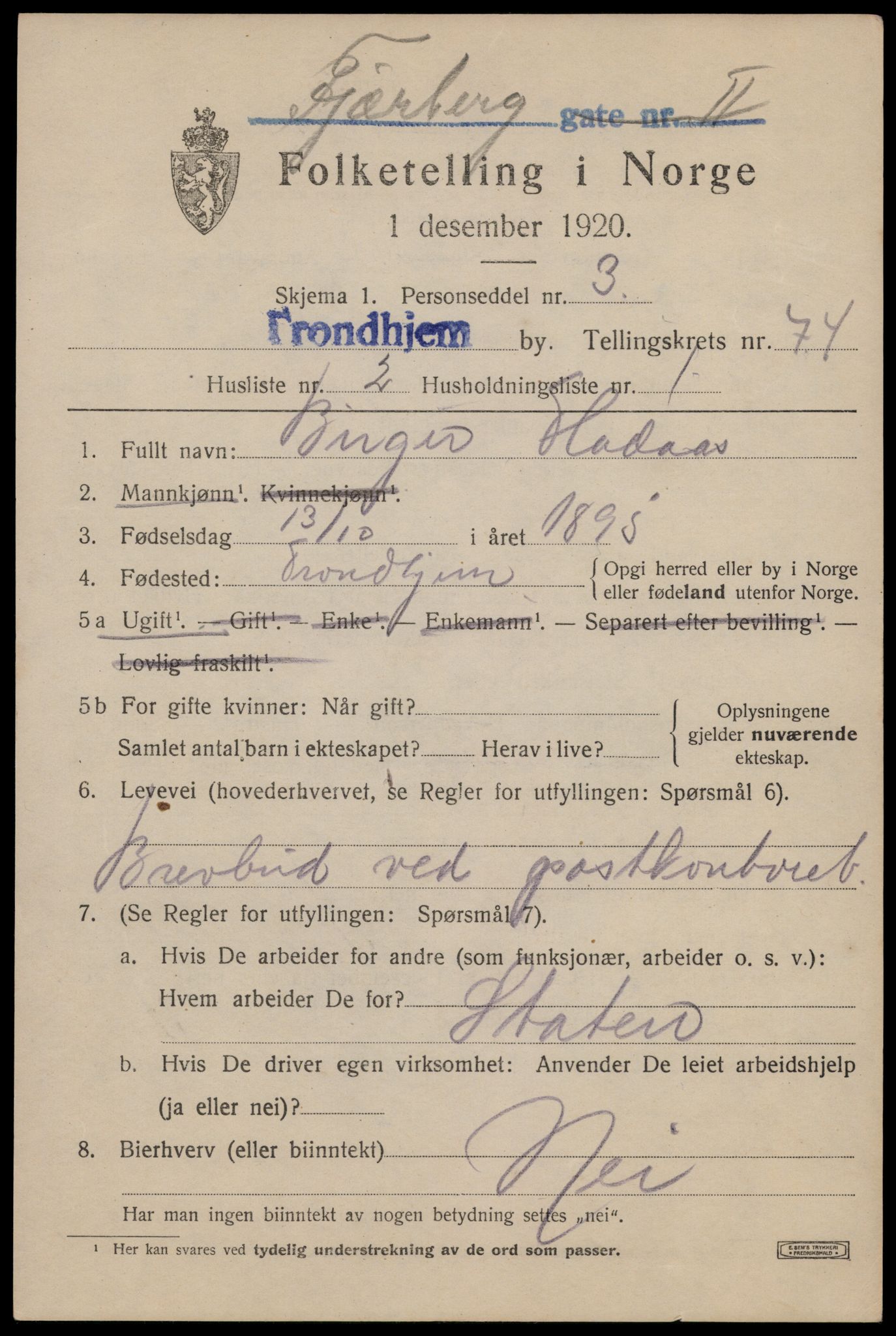 SAT, 1920 census for Trondheim, 1920, p. 143784