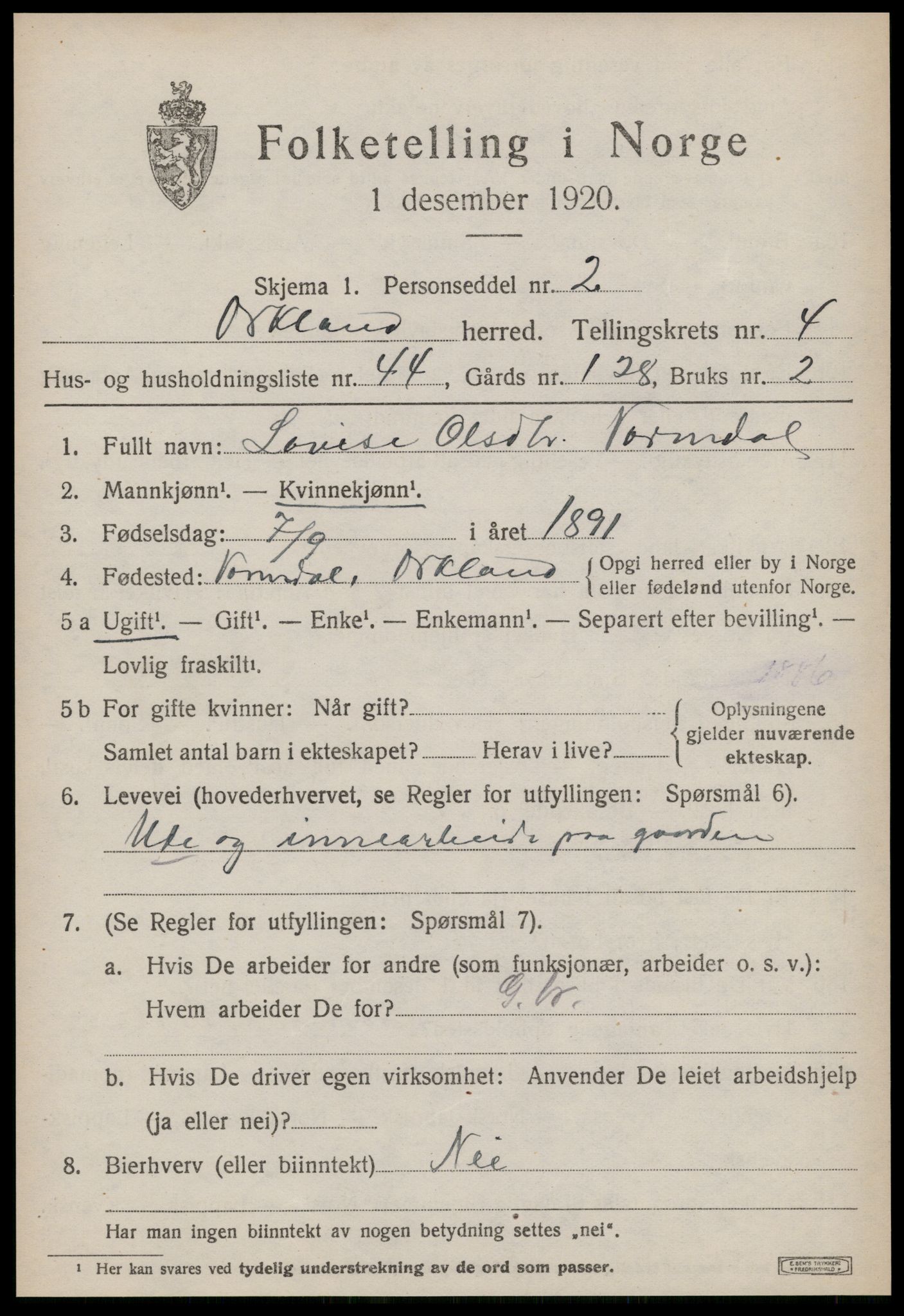 SAT, 1920 census for Orkland, 1920, p. 3802