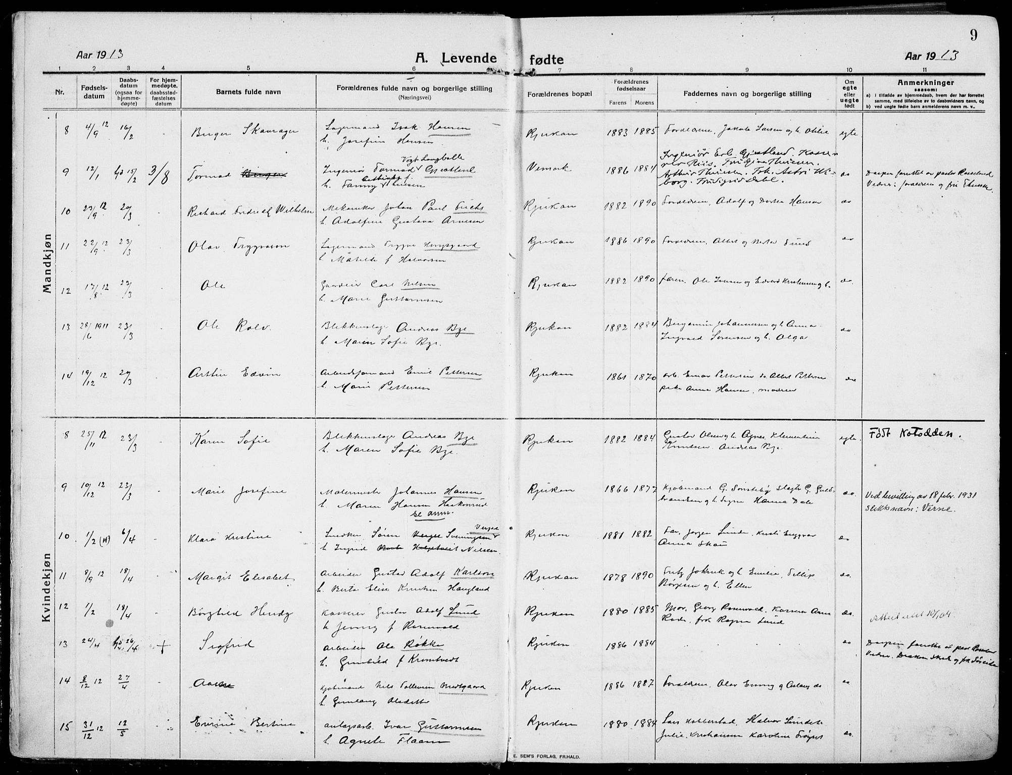Rjukan kirkebøker, SAKO/A-294/F/Fa/L0002: Parish register (official) no. 2, 1912-1917, p. 9