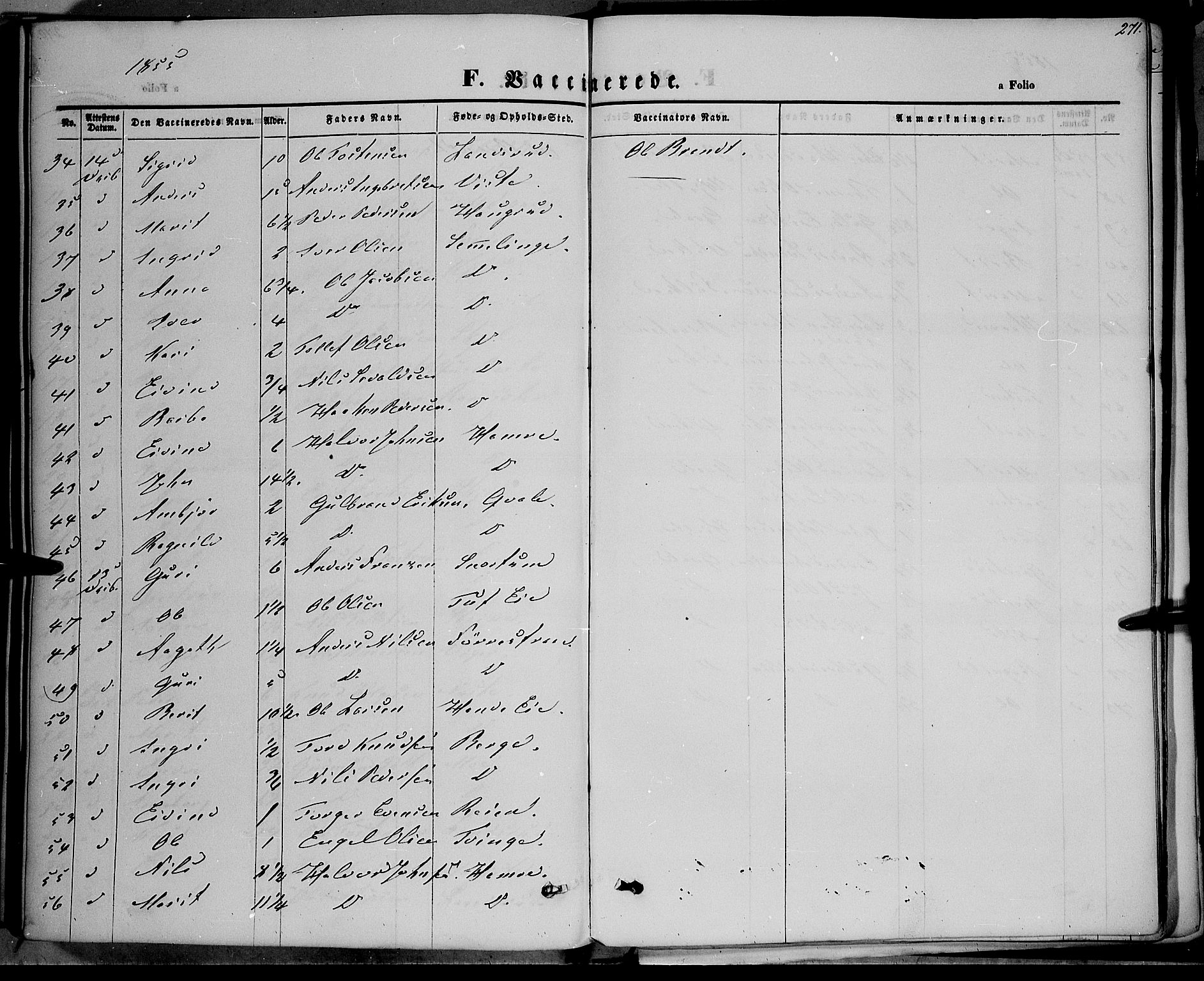 Vestre Slidre prestekontor, AV/SAH-PREST-136/H/Ha/Haa/L0001: Parish register (official) no. 1, 1844-1855, p. 271