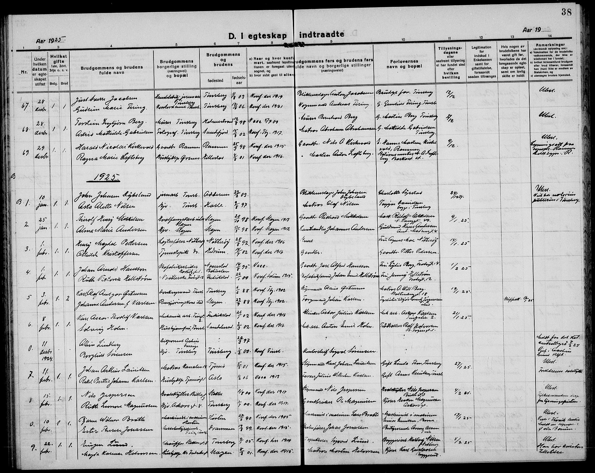 Tønsberg kirkebøker, SAKO/A-330/G/Ga/L0016: Parish register (copy) no. 16, 1920-1933, p. 38