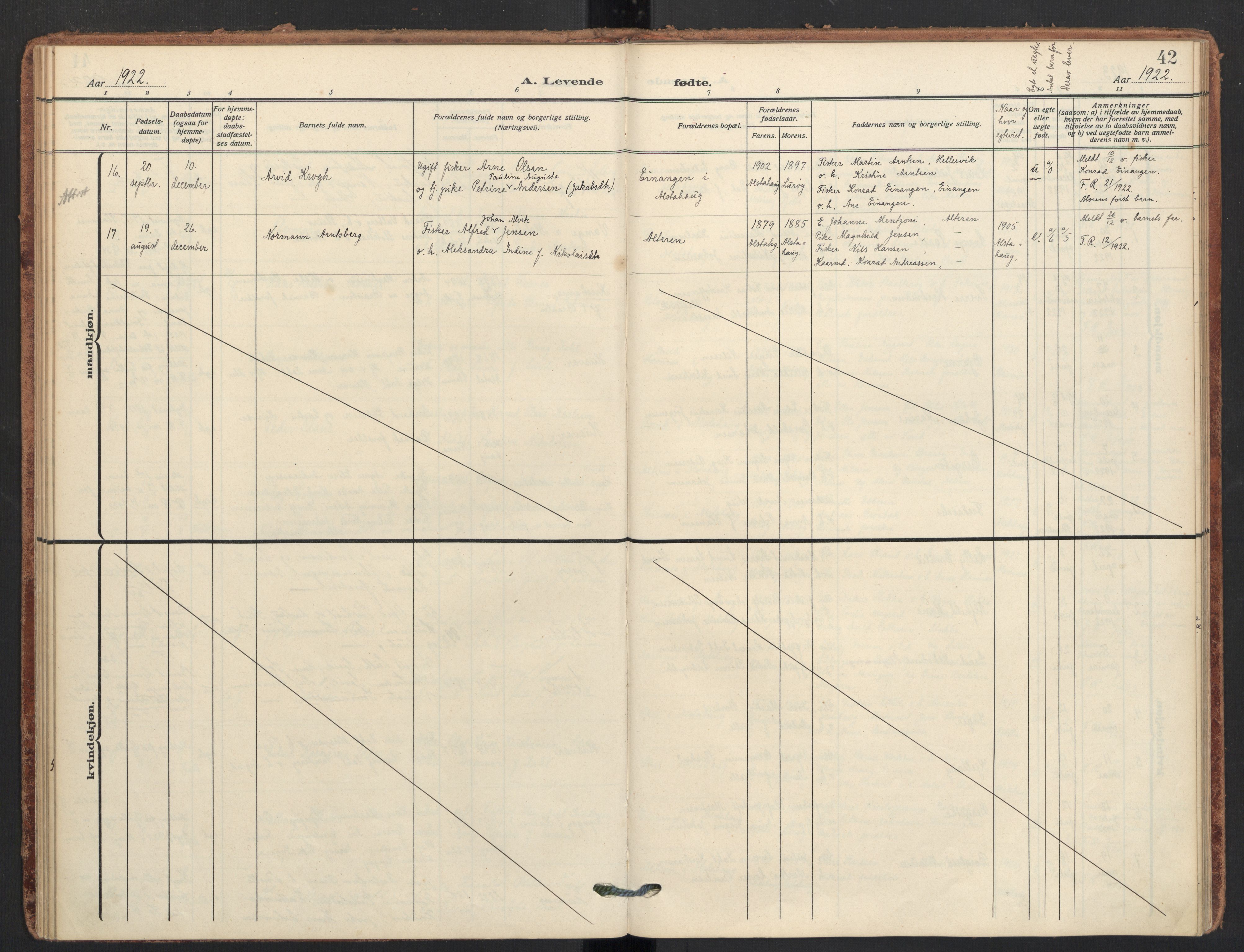 Ministerialprotokoller, klokkerbøker og fødselsregistre - Nordland, AV/SAT-A-1459/830/L0455: Parish register (official) no. 830A19, 1912-1942, p. 42