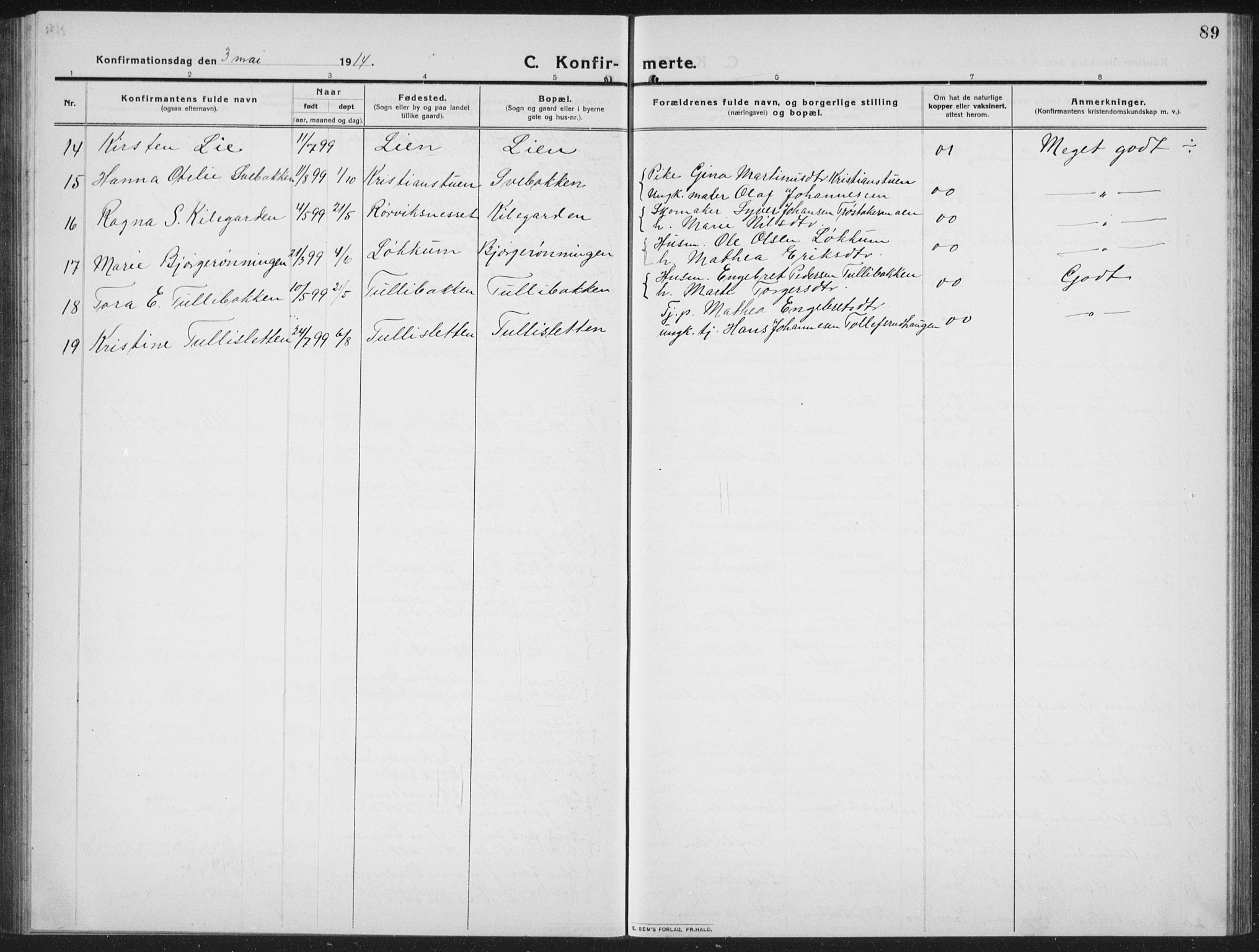 Ringebu prestekontor, SAH/PREST-082/H/Ha/Hab/L0010: Parish register (copy) no. 10, 1911-1934, p. 89