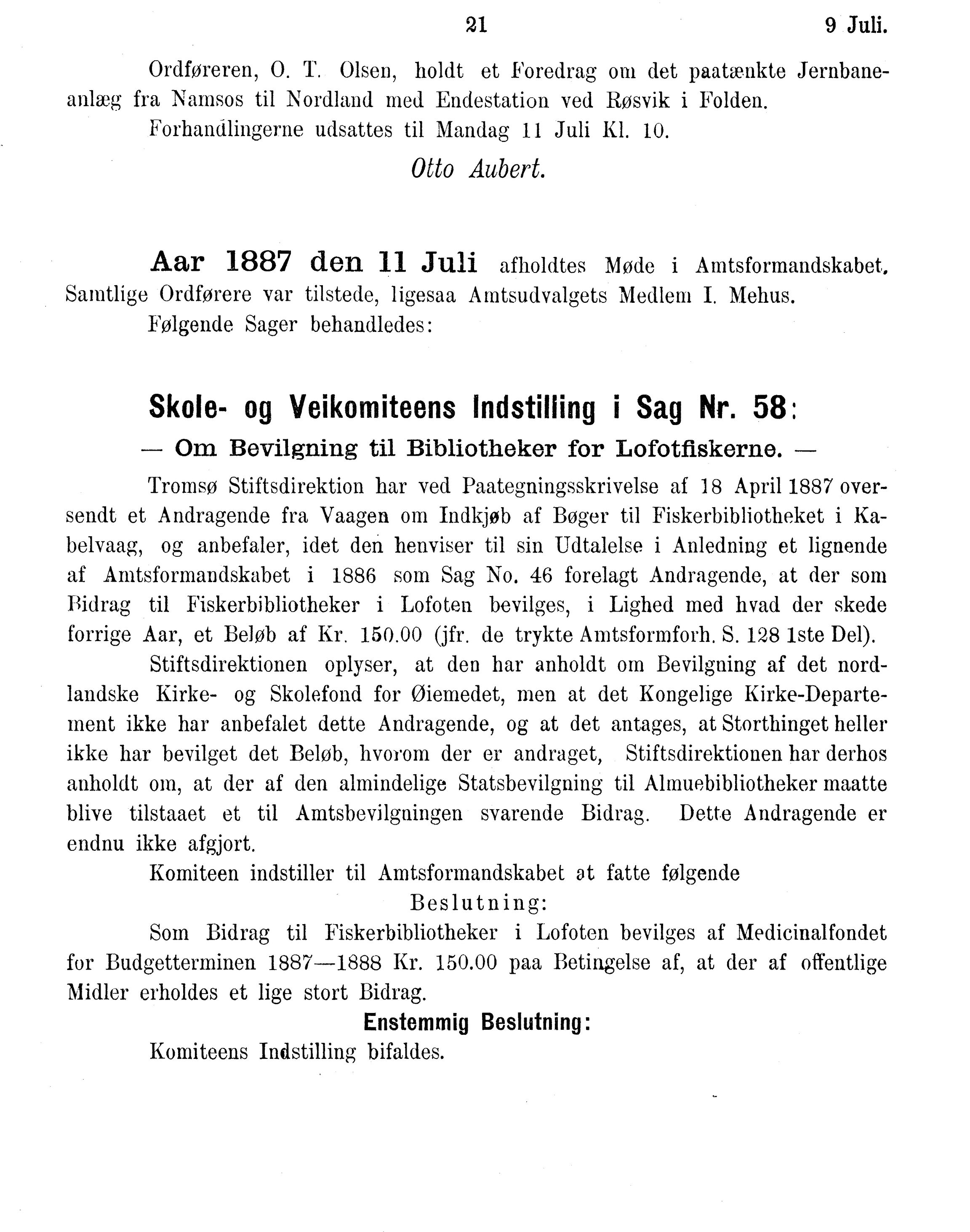 Nordland Fylkeskommune. Fylkestinget, AIN/NFK-17/176/A/Ac/L0015: Fylkestingsforhandlinger 1886-1890, 1886-1890, p. 21