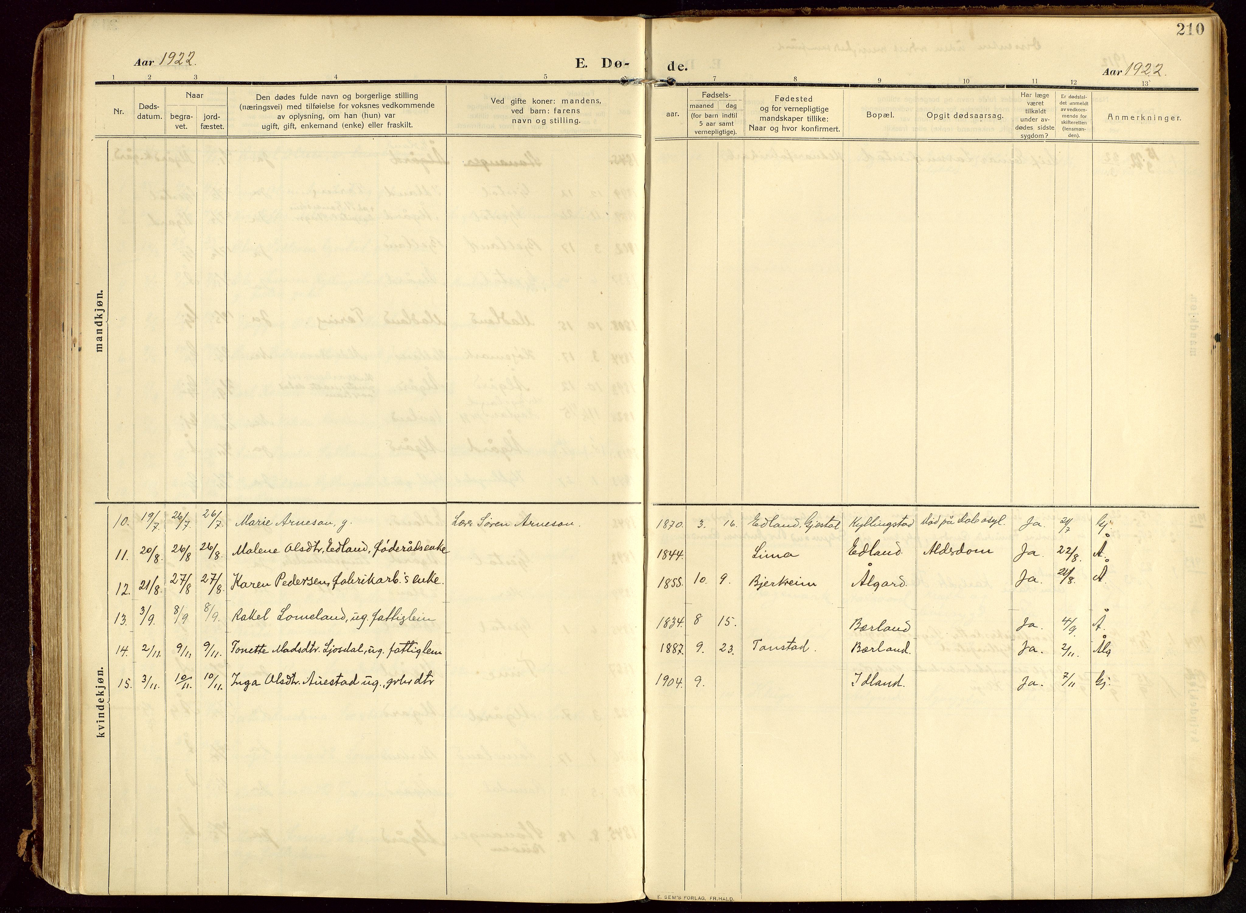Lye sokneprestkontor, AV/SAST-A-101794/002/B/L0001: Parish register (official) no. A 13, 1910-1925, p. 210