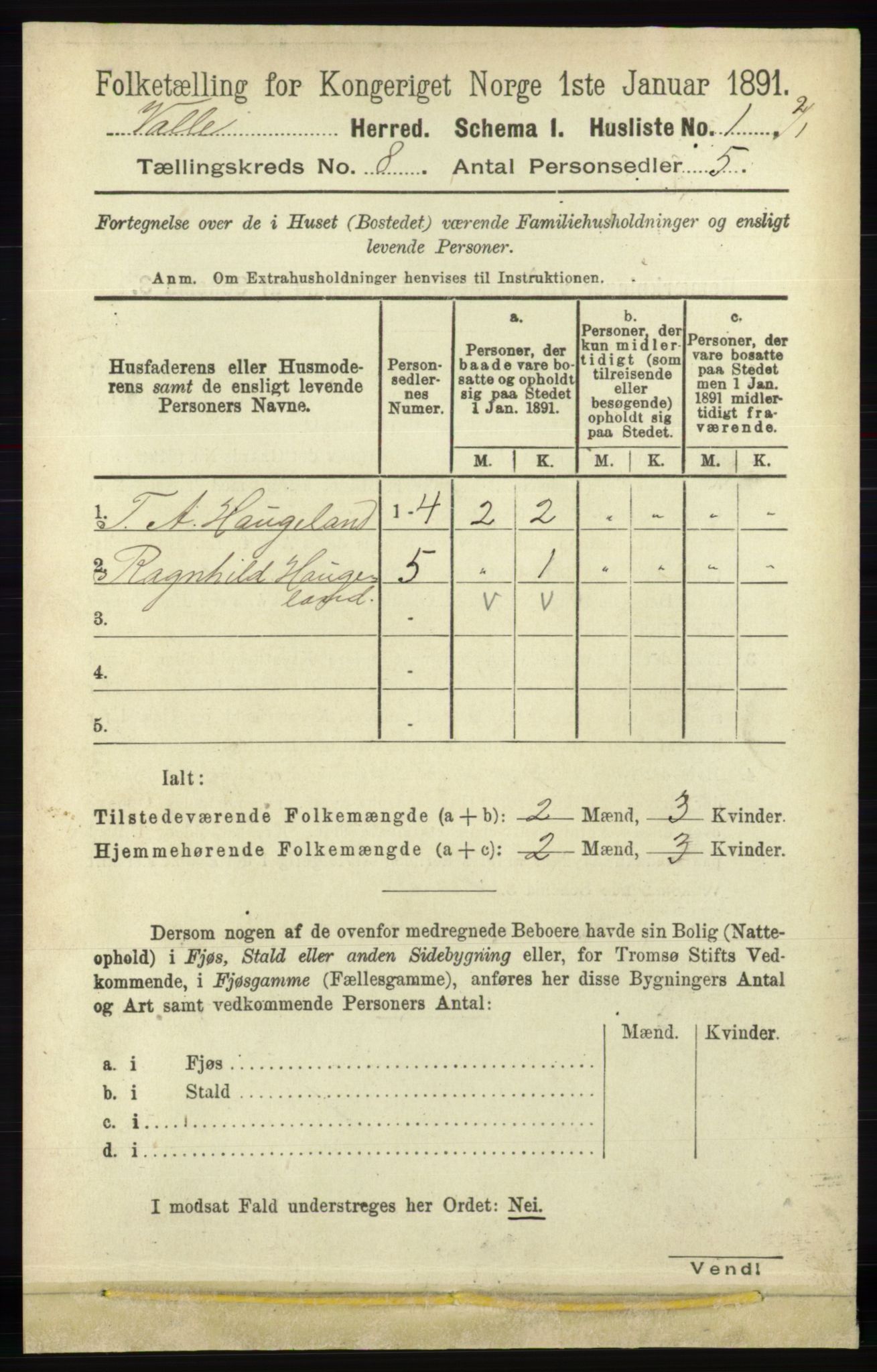 RA, 1891 census for 0940 Valle, 1891, p. 2212