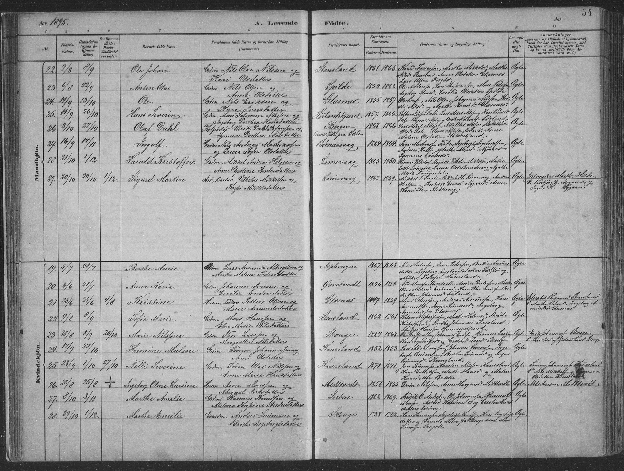 Sund sokneprestembete, SAB/A-99930: Parish register (copy) no. B 3, 1882-1911, p. 54