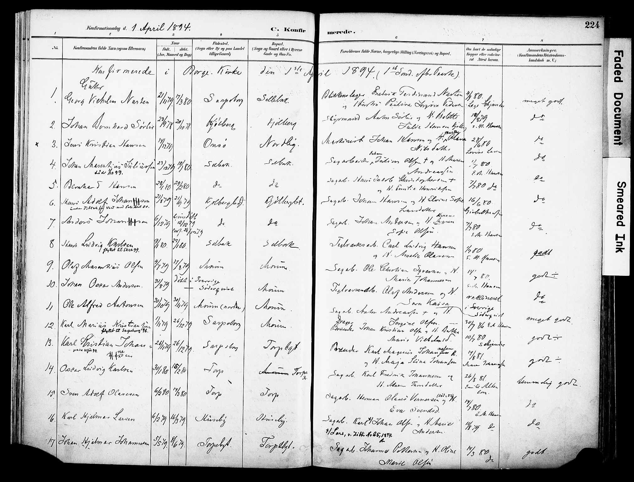 Borge prestekontor Kirkebøker, AV/SAO-A-10903/F/Fa/L0008: Parish register (official) no. I 8B, 1887-1902, p. 224