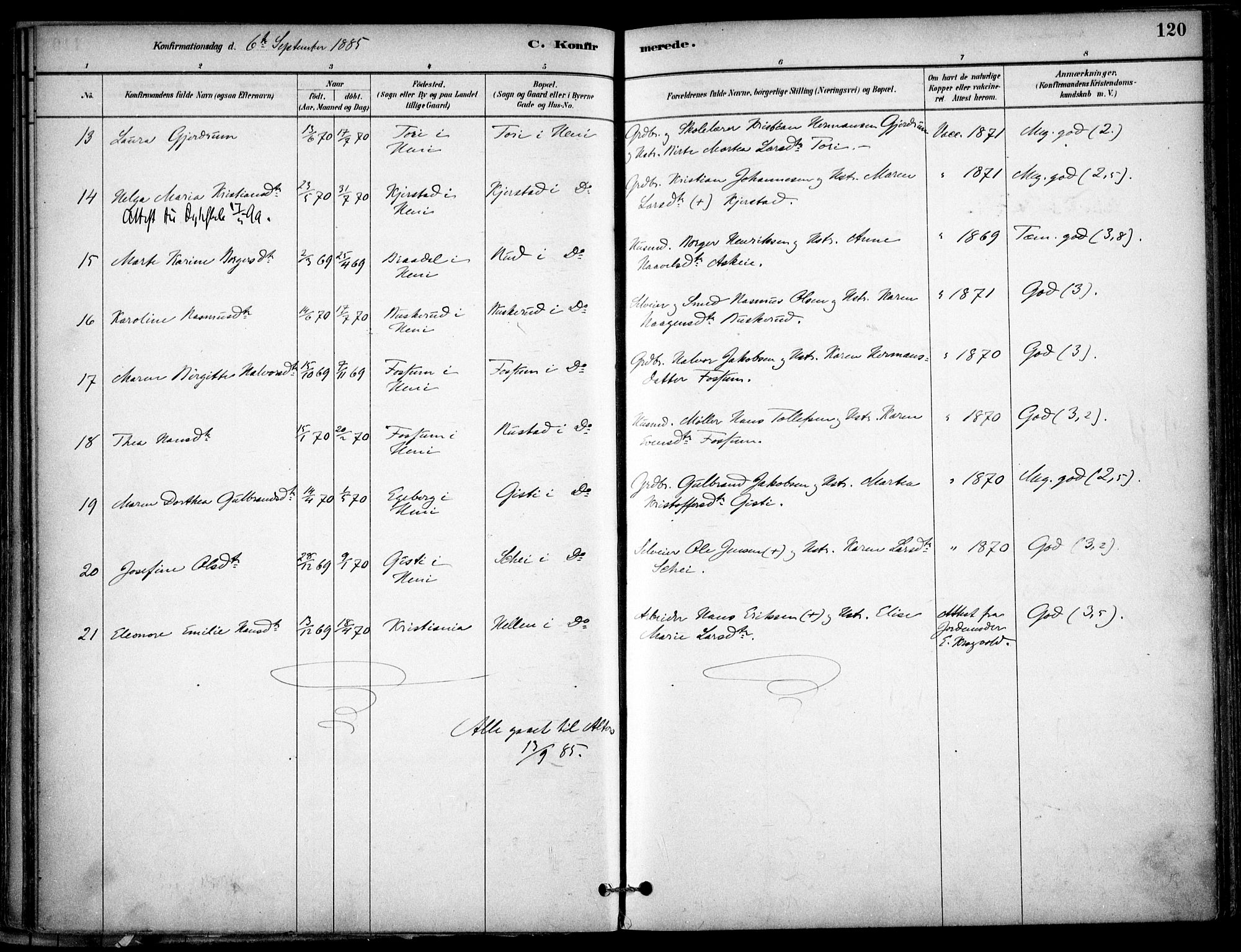 Gjerdrum prestekontor Kirkebøker, SAO/A-10412b/F/Fb/L0001: Parish register (official) no. II 1, 1881-1921, p. 120