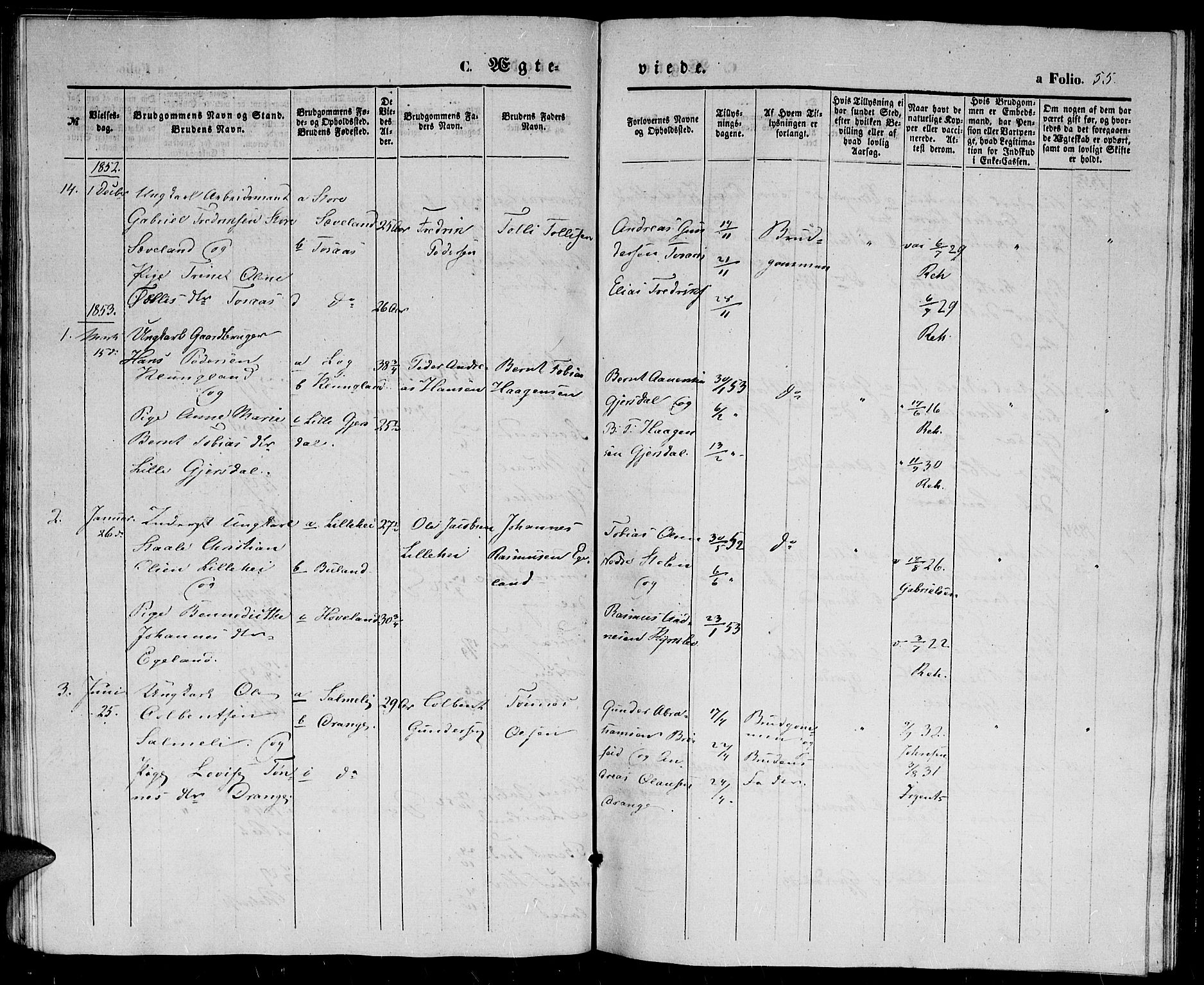 Herad sokneprestkontor, SAK/1111-0018/F/Fb/Fba/L0002: Parish register (copy) no. B 2, 1852-1862, p. 55