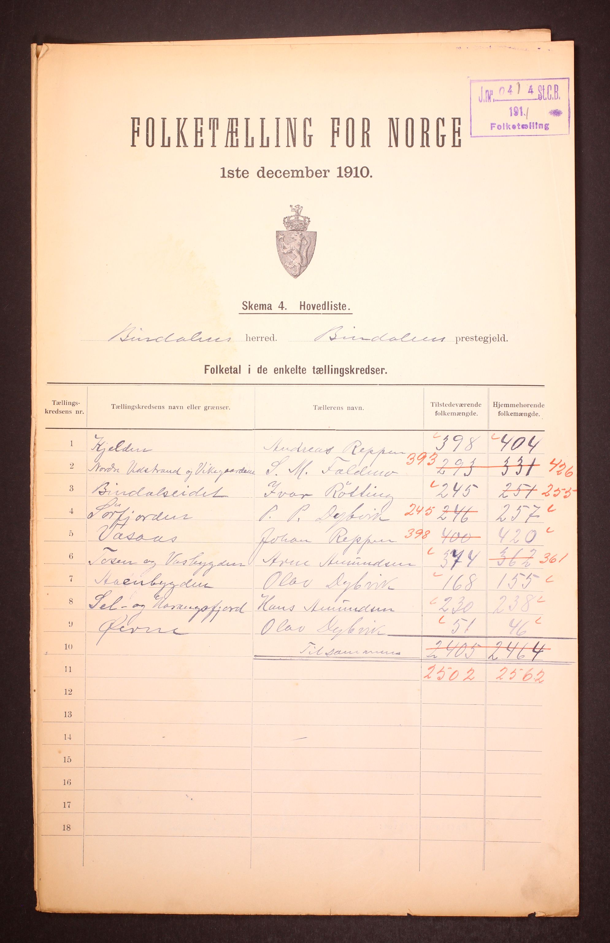 RA, 1910 census for Bindal, 1910, p. 1