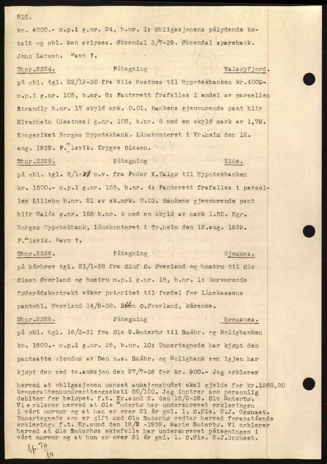 Nordmøre sorenskriveri, AV/SAT-A-4132/1/2/2Ca: Mortgage book no. C80, 1936-1939, Diary no: : 2324/1939