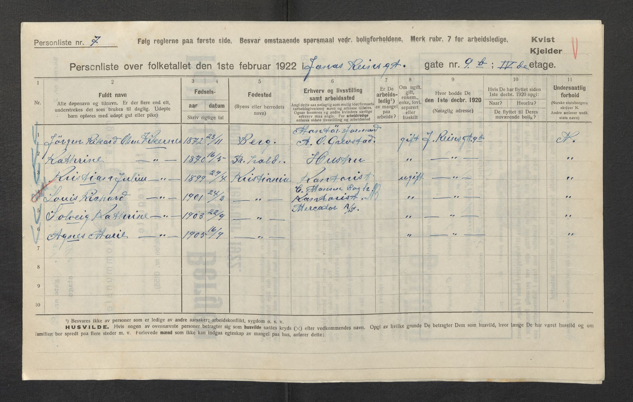 SAB, Municipal Census 1922 for Bergen, 1922, p. 16591