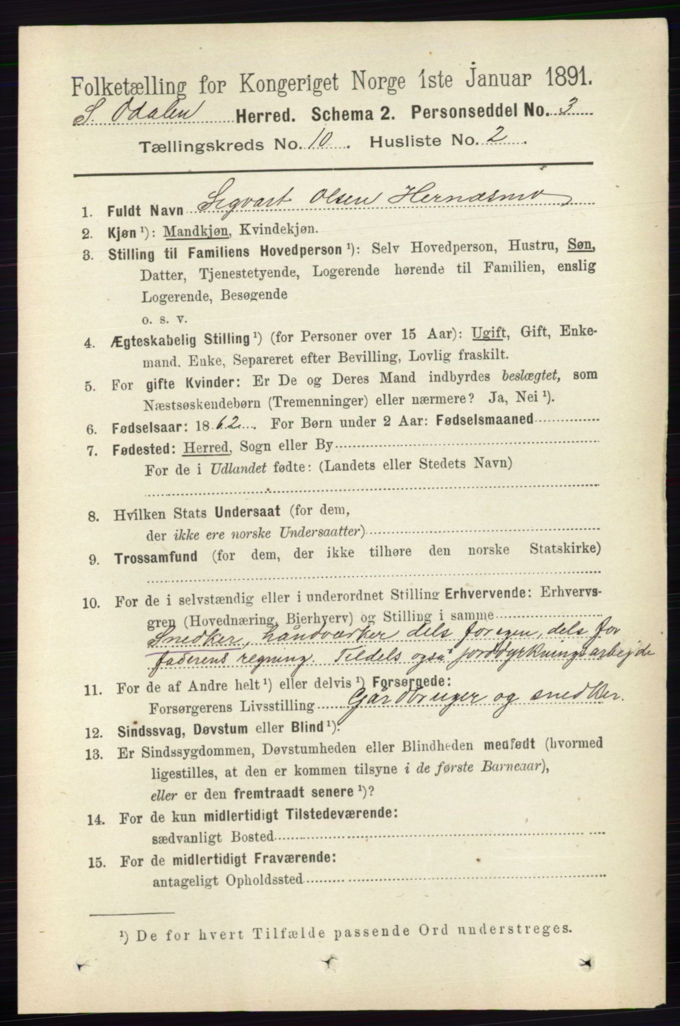 RA, 1891 census for 0419 Sør-Odal, 1891, p. 4370