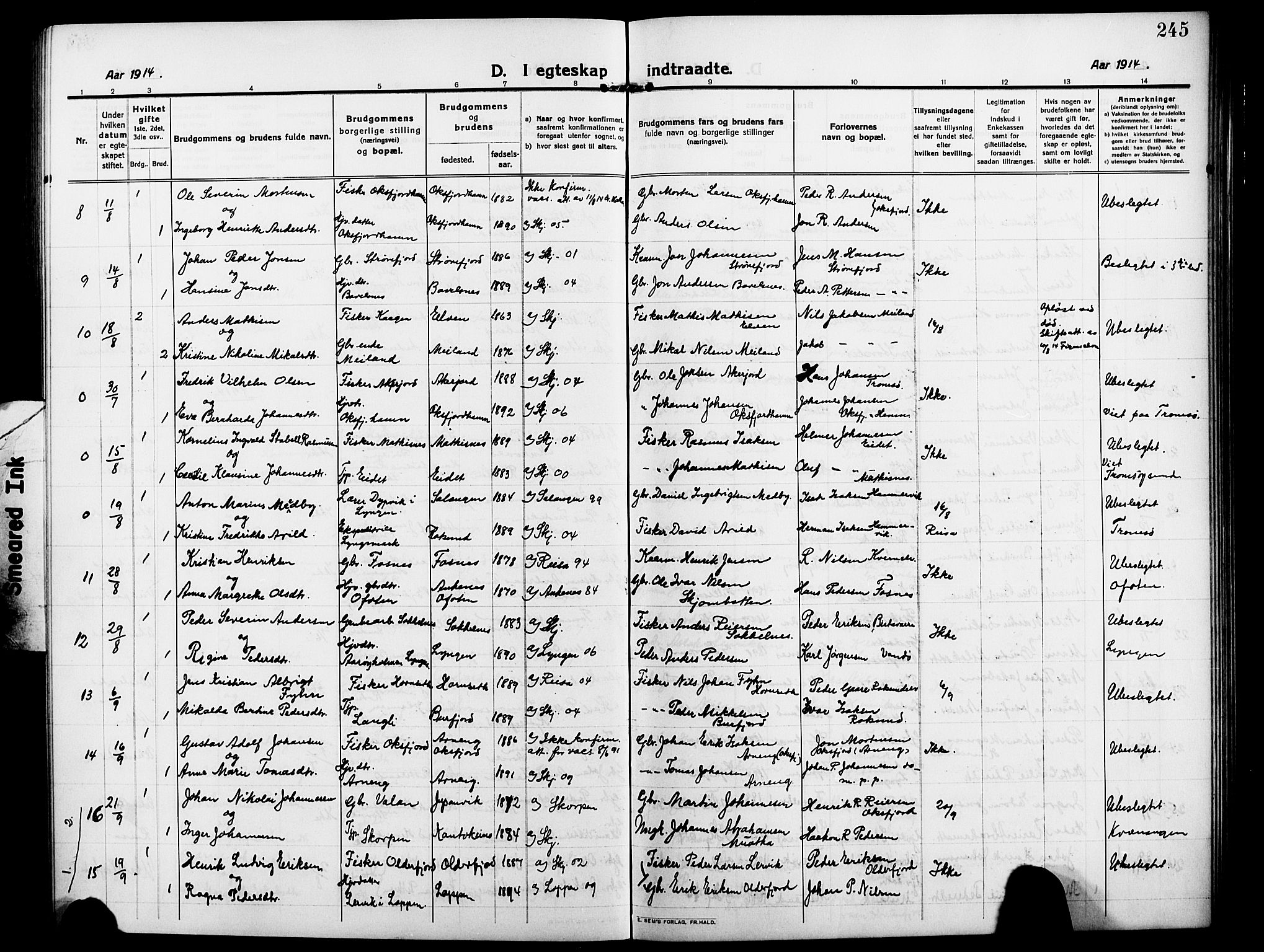 Skjervøy sokneprestkontor, AV/SATØ-S-1300/H/Ha/Hab/L0009klokker: Parish register (copy) no. 9, 1911-1926, p. 245