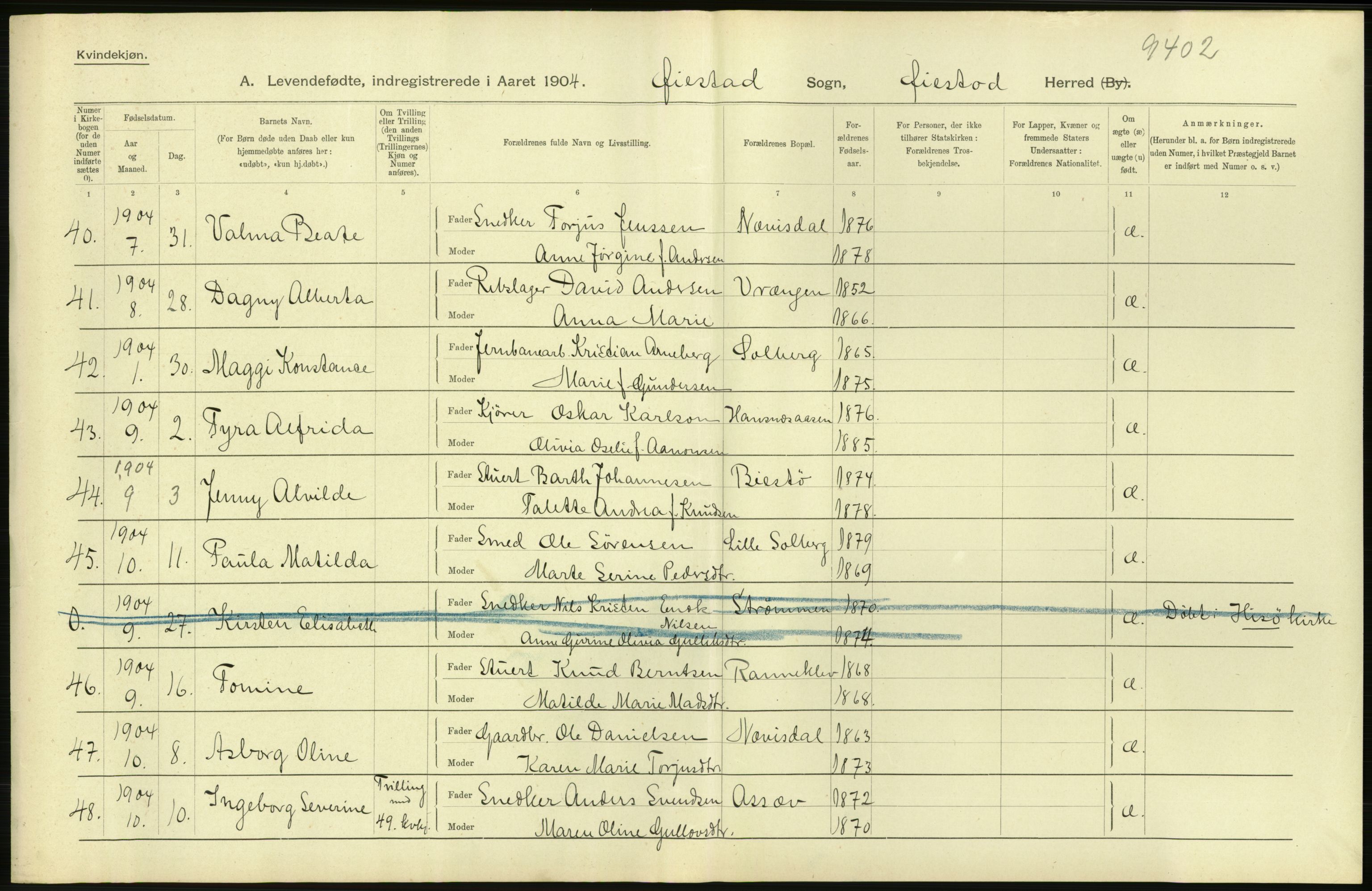 Statistisk sentralbyrå, Sosiodemografiske emner, Befolkning, AV/RA-S-2228/D/Df/Dfa/Dfab/L0010: Nedenes amt: Fødte, gifte, døde, 1904, p. 26