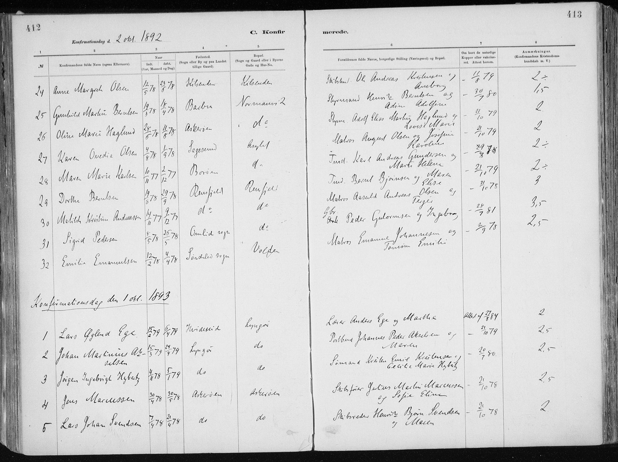 Dypvåg sokneprestkontor, SAK/1111-0007/F/Fa/Faa/L0008: Parish register (official) no. A 8, 1885-1906, p. 412-413