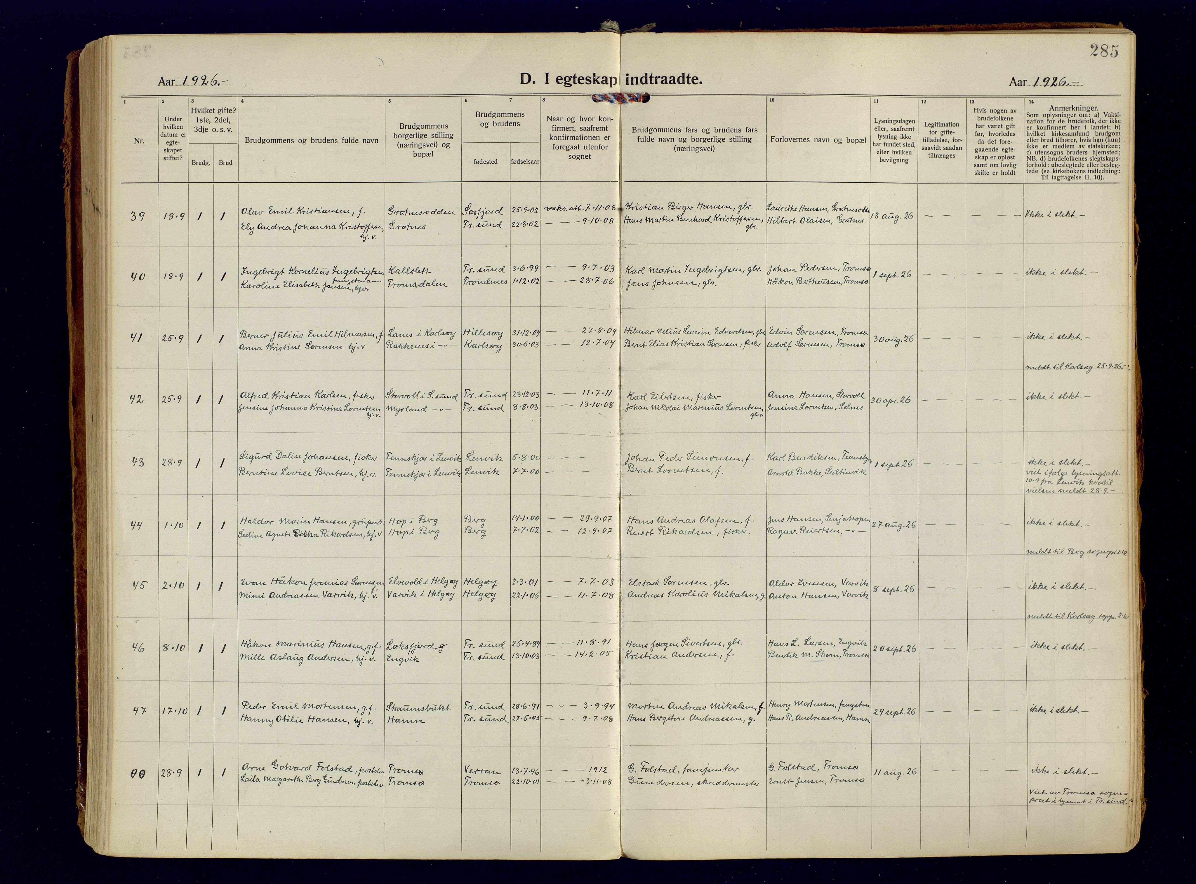 Tromsøysund sokneprestkontor, AV/SATØ-S-1304/G/Ga/L0009kirke: Parish register (official) no. 9, 1922-1934, p. 285