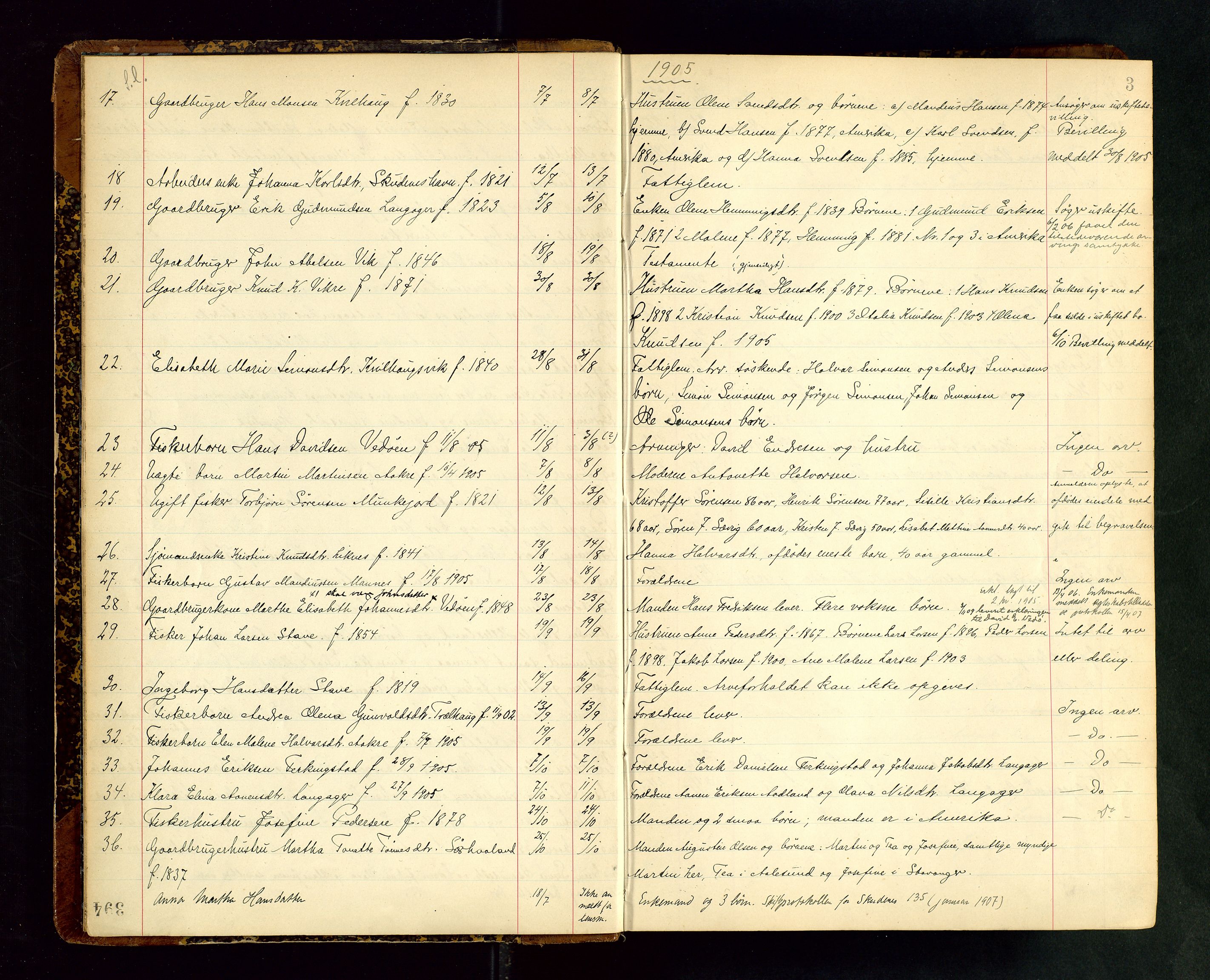 Karmsund sorenskriveri, AV/SAST-A-100311/01/IV/IVAB/L0004: DØDSFALLSPROTOKOLL, 1905-1911, p. 3