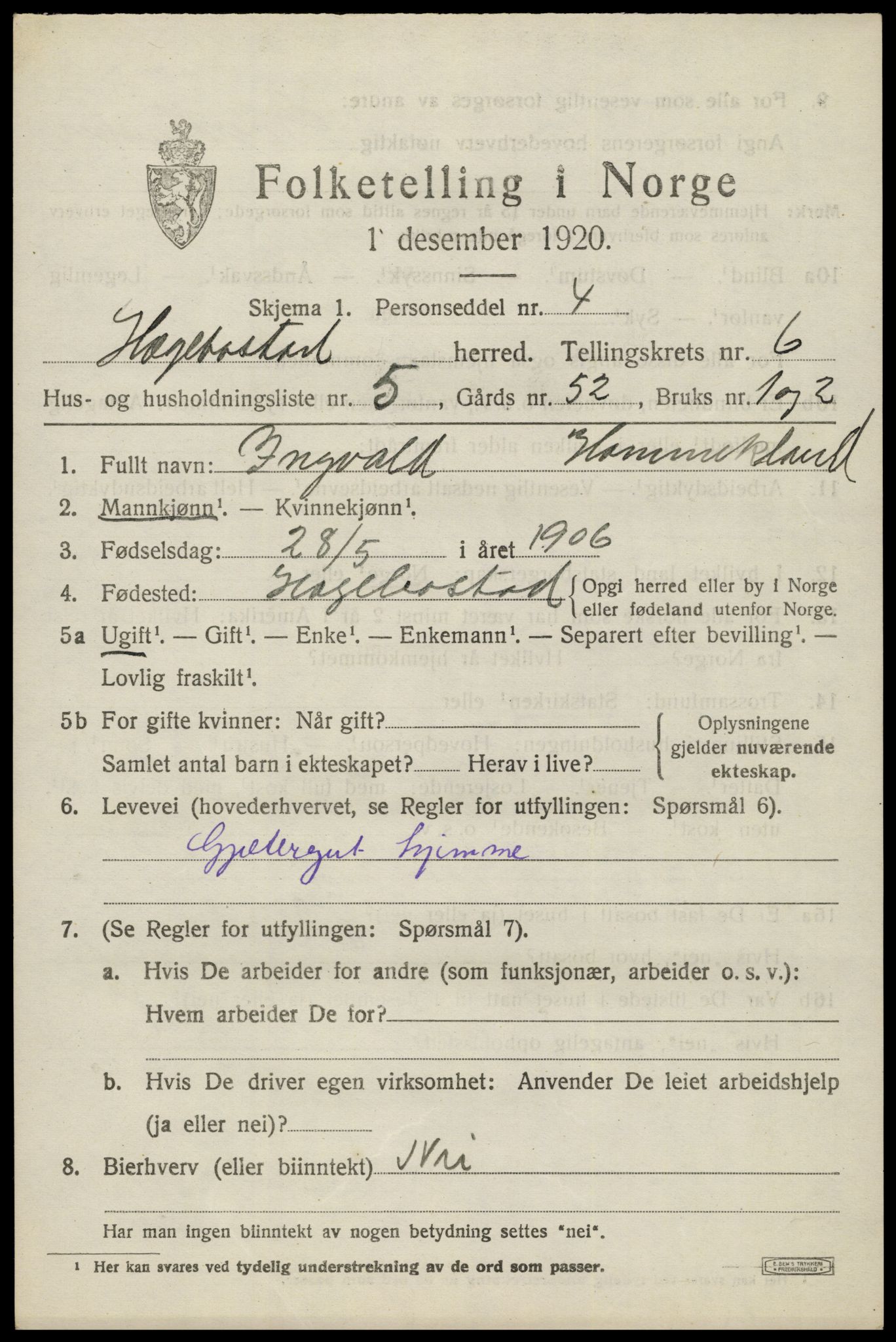 SAK, 1920 census for Hægebostad, 1920, p. 2027