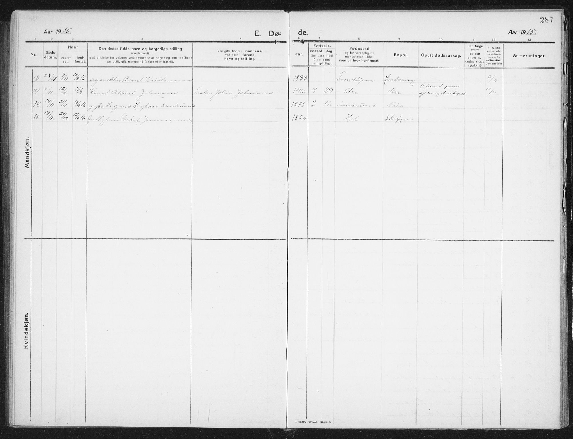 Ministerialprotokoller, klokkerbøker og fødselsregistre - Nordland, SAT/A-1459/882/L1183: Parish register (copy) no. 882C01, 1911-1938, p. 287