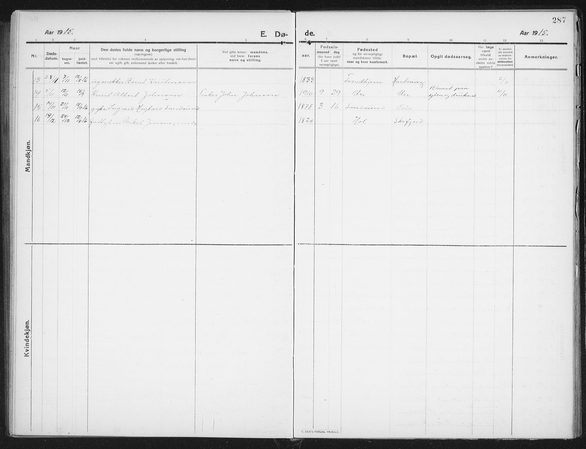 Ministerialprotokoller, klokkerbøker og fødselsregistre - Nordland, AV/SAT-A-1459/882/L1183: Parish register (copy) no. 882C01, 1911-1938, p. 287