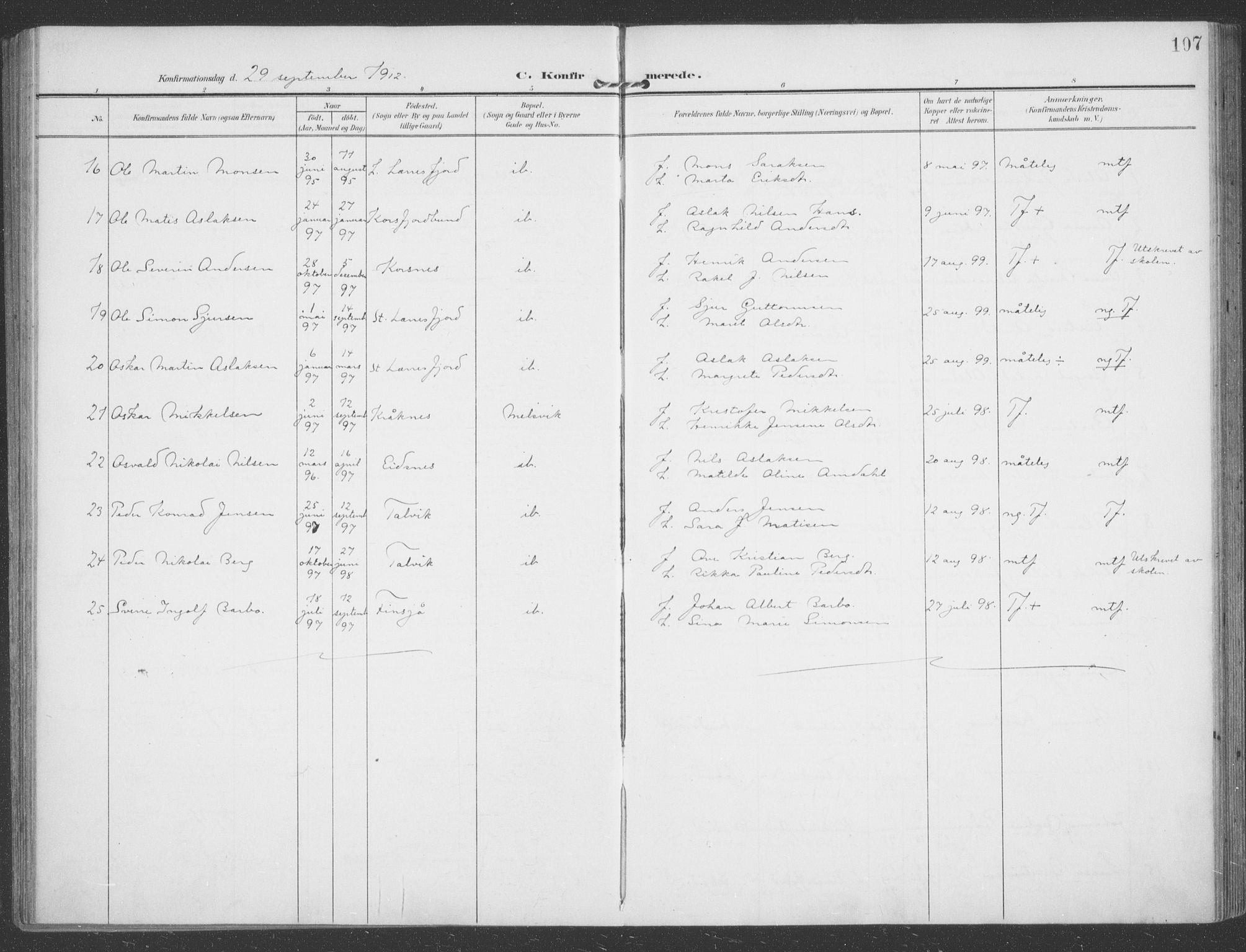 Talvik sokneprestkontor, SATØ/S-1337/H/Ha/L0017kirke: Parish register (official) no. 17, 1906-1915, p. 107