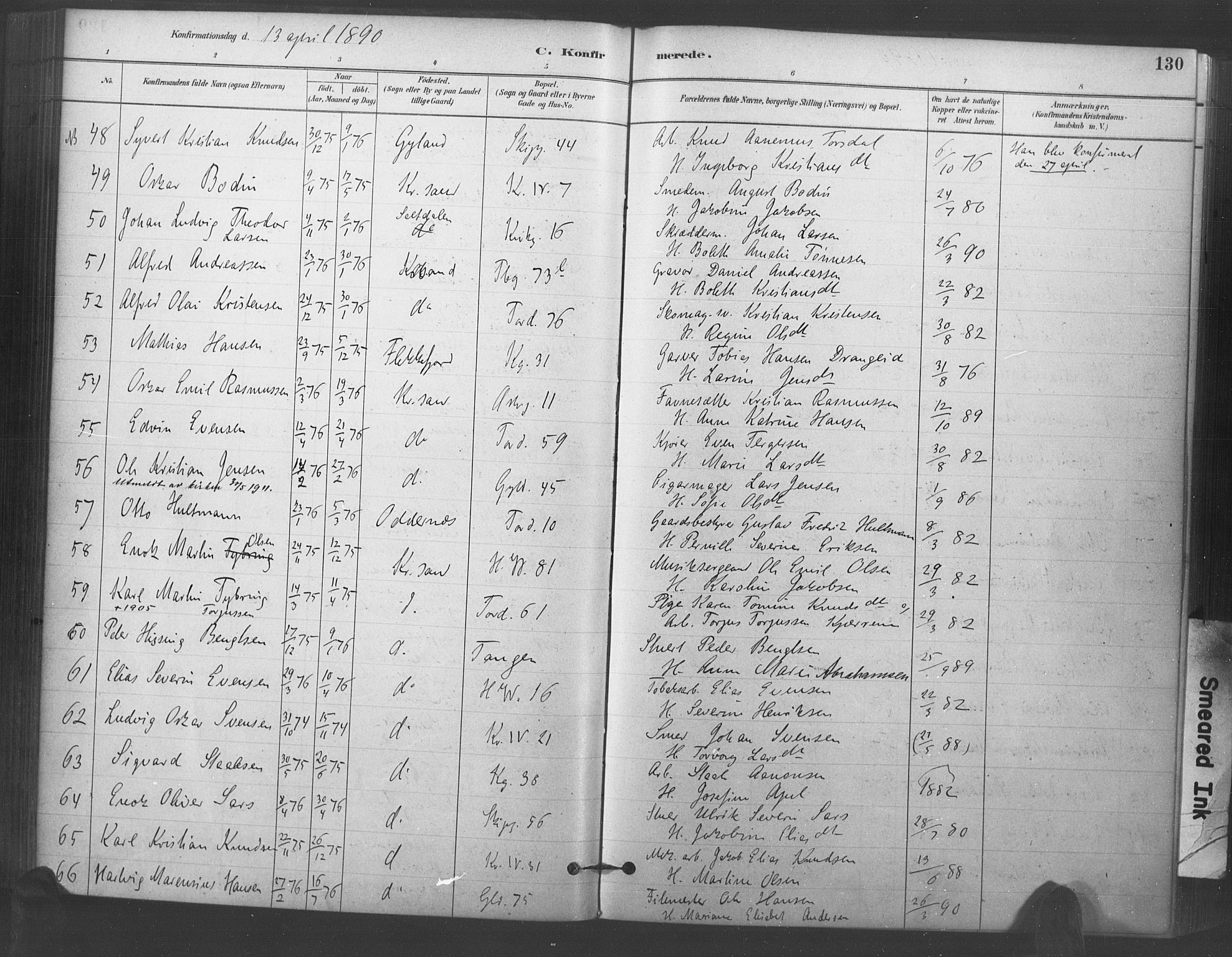 Kristiansand domprosti, AV/SAK-1112-0006/F/Fa/L0018: Parish register (official) no. A 17, 1880-1892, p. 130