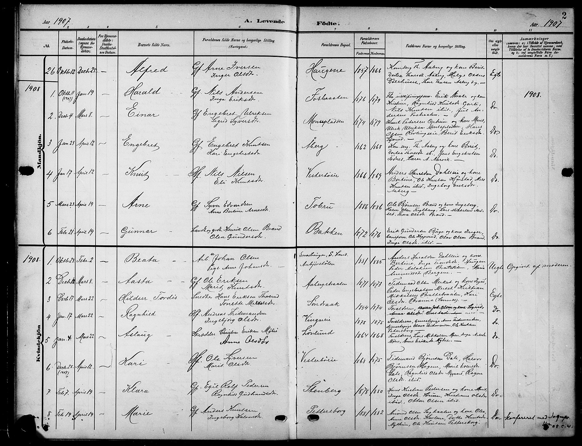 Nord-Aurdal prestekontor, SAH/PREST-132/H/Ha/Hab/L0012: Parish register (copy) no. 12, 1907-1920, p. 2