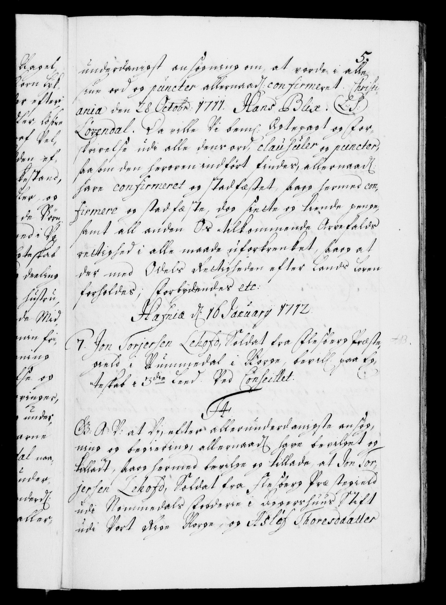 Danske Kanselli 1572-1799, AV/RA-EA-3023/F/Fc/Fca/Fcaa/L0021: Norske registre, 1712-1715, p. 5a