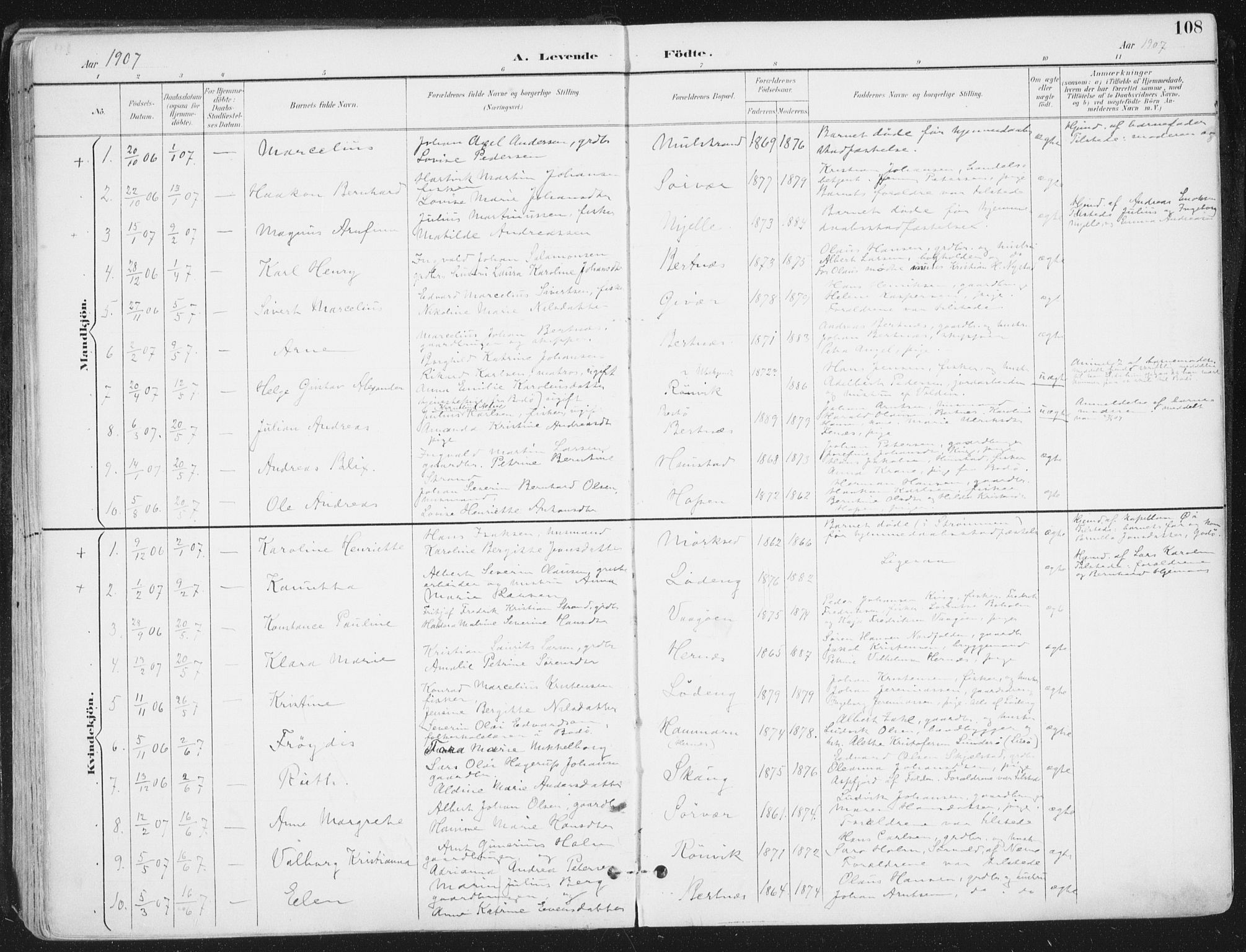 Ministerialprotokoller, klokkerbøker og fødselsregistre - Nordland, SAT/A-1459/802/L0055: Parish register (official) no. 802A02, 1894-1915, p. 108