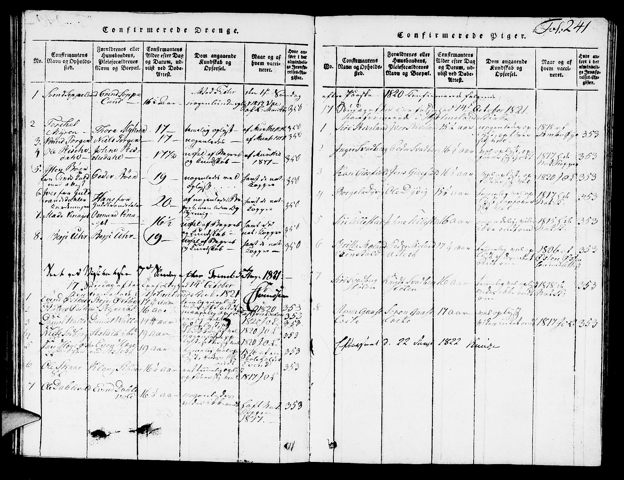 Hjelmeland sokneprestkontor, SAST/A-101843/01/V/L0002: Parish register (copy) no. B 2, 1816-1841, p. 241