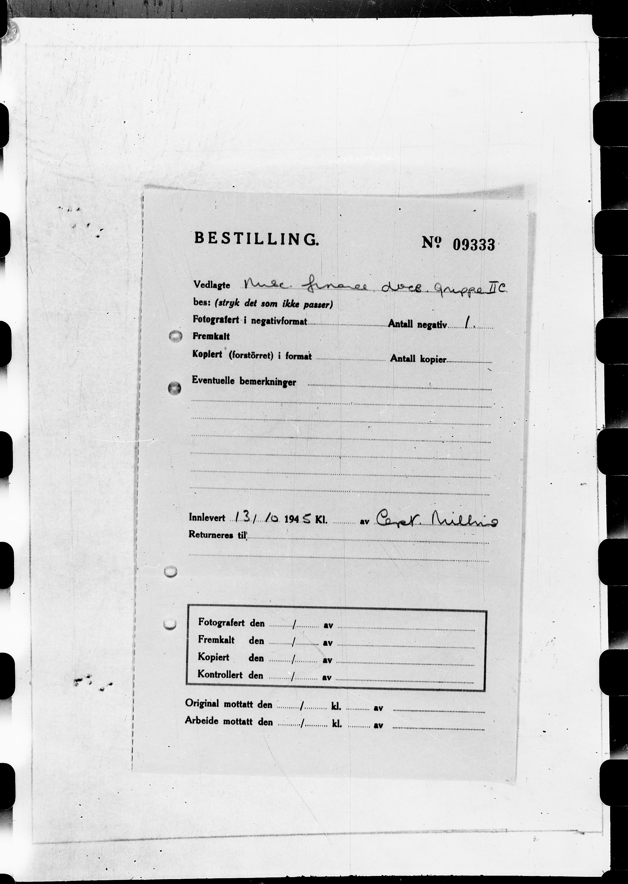 Documents Section, RA/RAFA-2200/V/L0073: Film med FO IIs bestillingsnummer., 1940-1945, p. 1