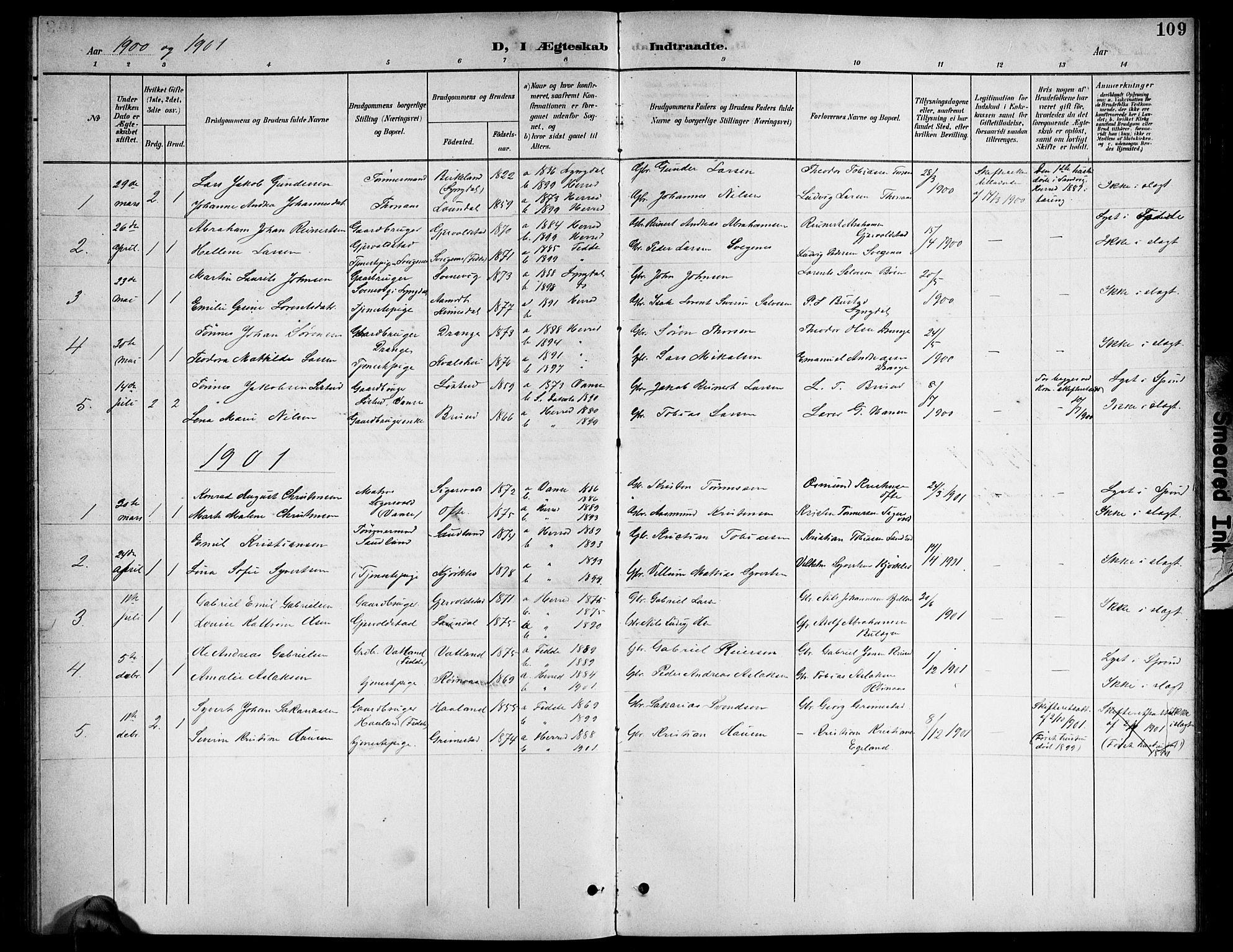 Herad sokneprestkontor, AV/SAK-1111-0018/F/Fb/Fba/L0005: Parish register (copy) no. B 5, 1899-1921, p. 109