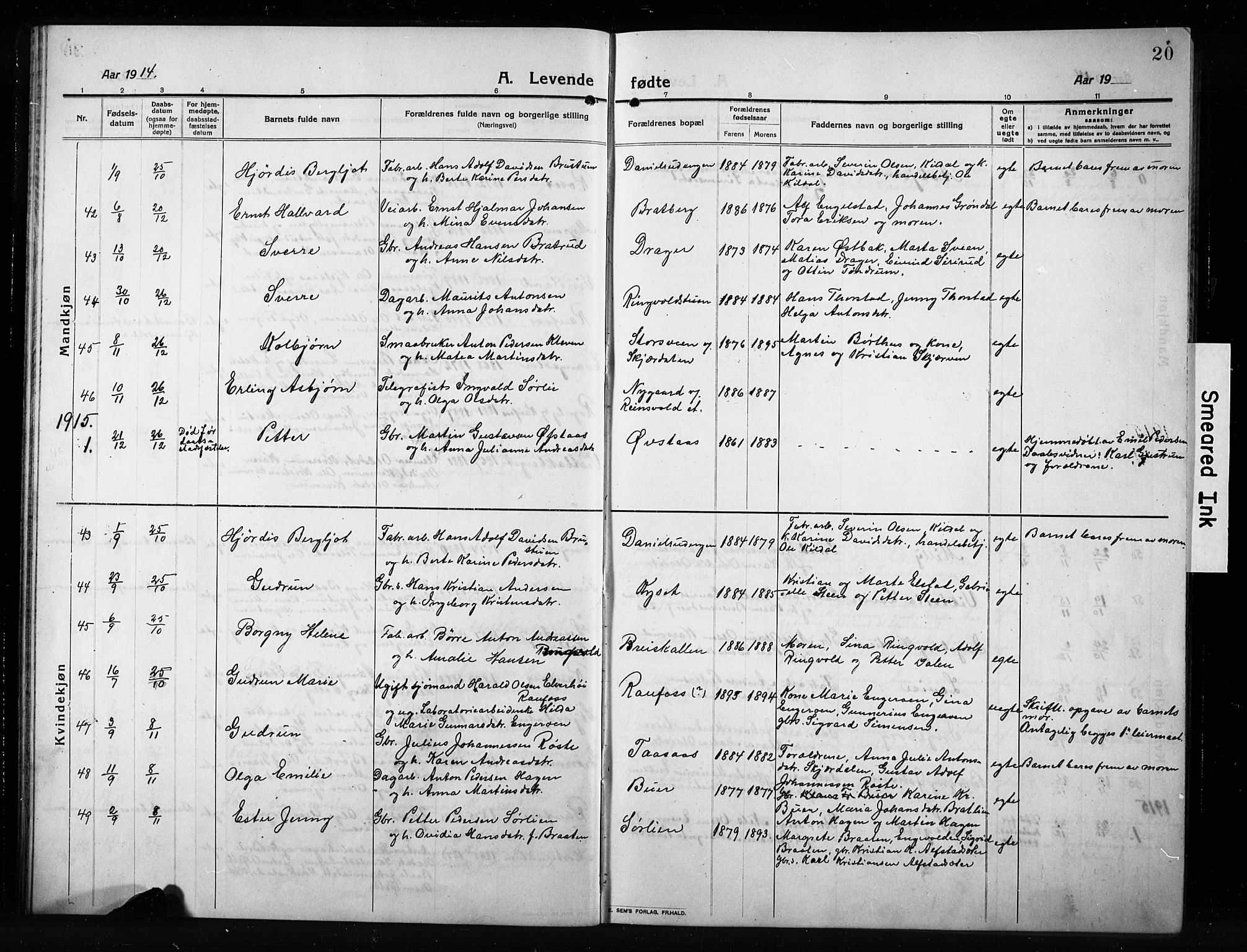 Vestre Toten prestekontor, AV/SAH-PREST-108/H/Ha/Hab/L0012: Parish register (copy) no. 12, 1909-1928, p. 20