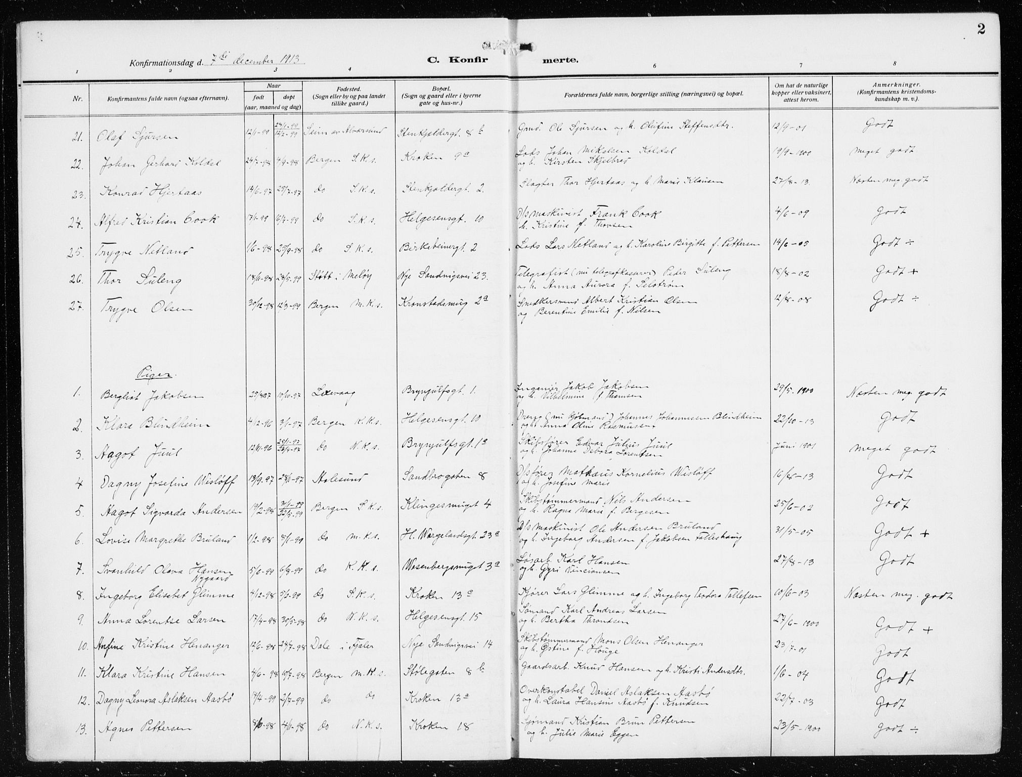 Mariakirken Sokneprestembete, AV/SAB-A-76901/H/Haa/L0015: Parish register (official) no. C 3, 1913-1927, p. 2