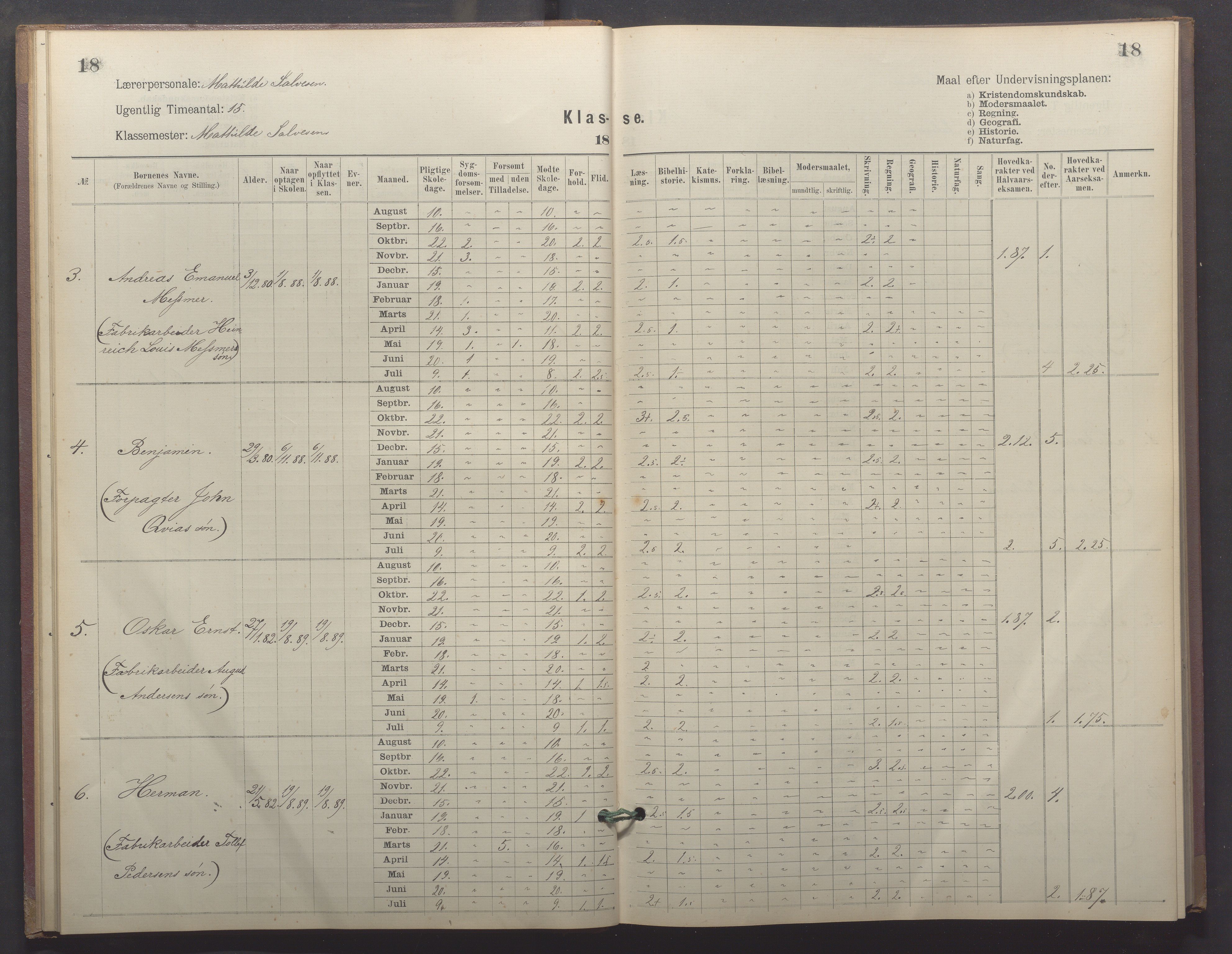 Egersund kommune (Ladested) - Egersund almueskole/folkeskole, IKAR/K-100521/H/L0026: Skoleprotokoll - Almueskolen, 1. klasse, 1889-1893, p. 18