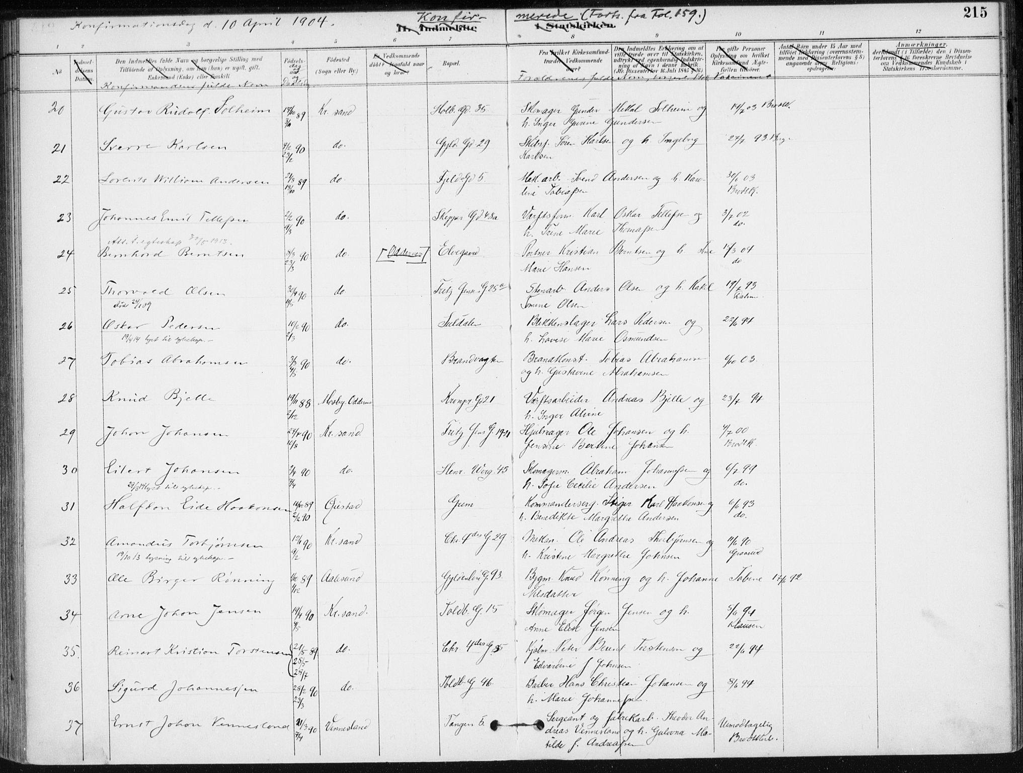 Kristiansand domprosti, AV/SAK-1112-0006/F/Fa/L0020: Parish register (official) no. A 19, 1893-1904, p. 215