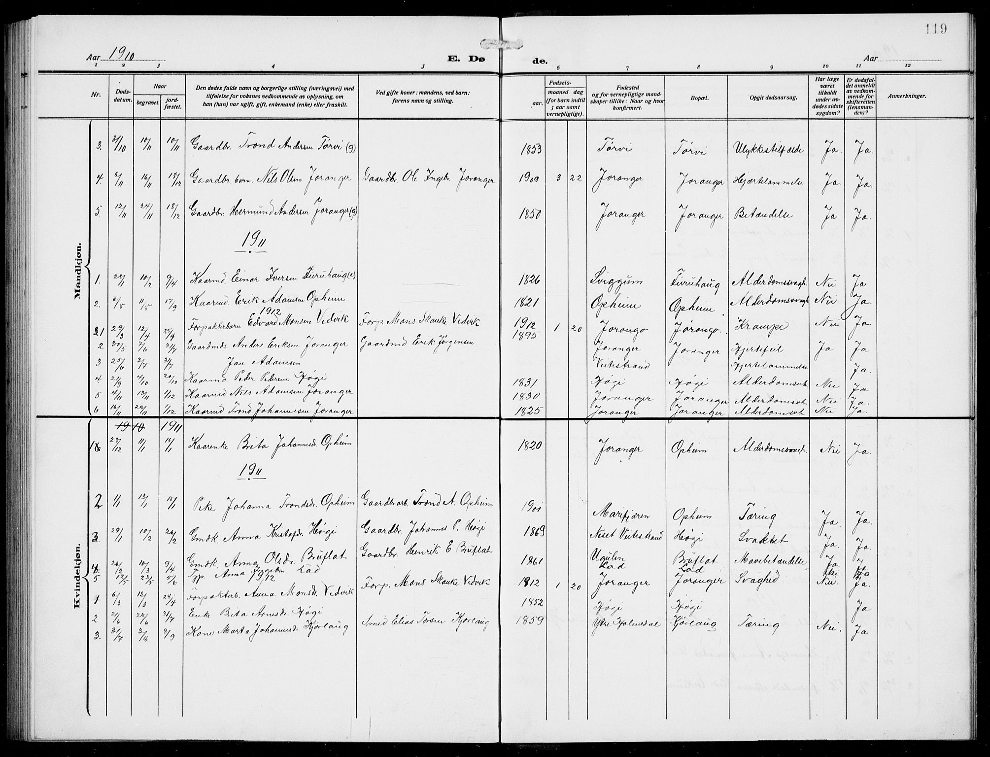 Jostedal sokneprestembete, AV/SAB-A-80601/H/Hab/Habd/L0002: Parish register (copy) no. D 2, 1910-1941, p. 119