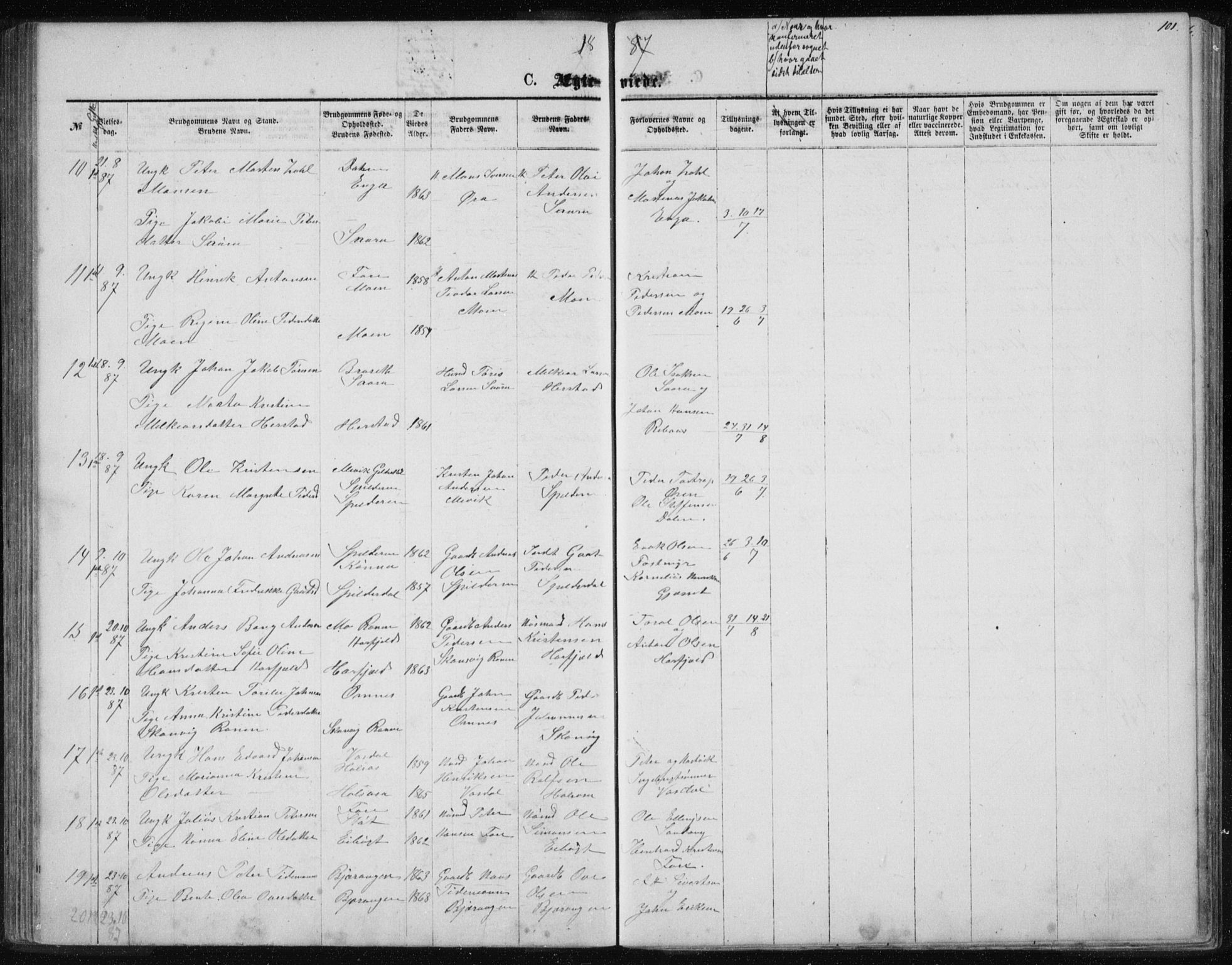 Ministerialprotokoller, klokkerbøker og fødselsregistre - Nordland, AV/SAT-A-1459/843/L0635: Parish register (copy) no. 843C04, 1872-1887, p. 101