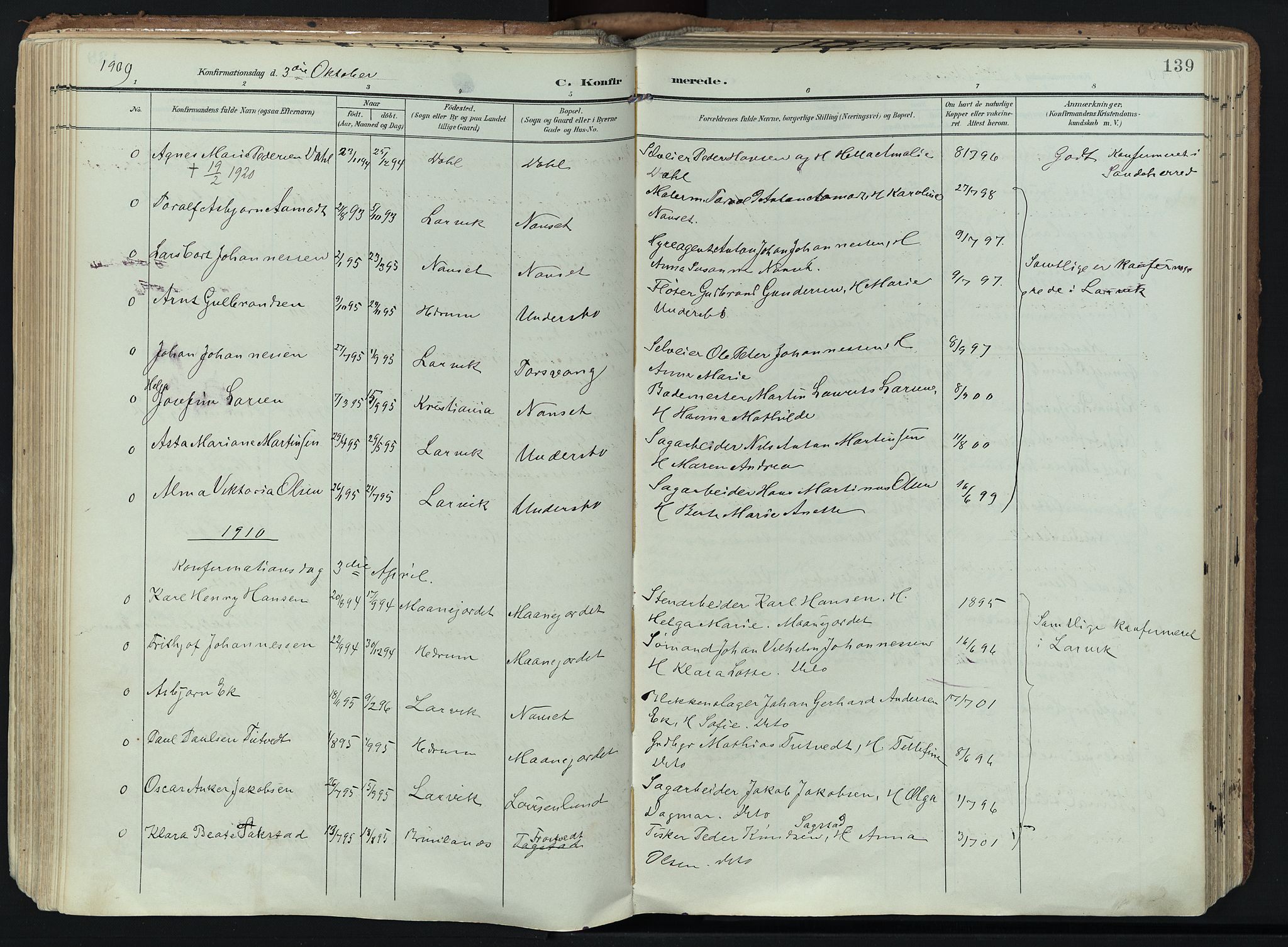 Hedrum kirkebøker, SAKO/A-344/F/Fa/L0010: Parish register (official) no. I 10, 1904-1918, p. 139