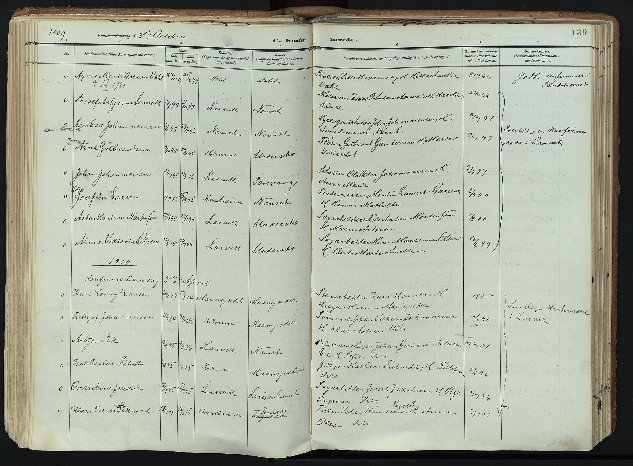 Hedrum kirkebøker, AV/SAKO-A-344/F/Fa/L0010: Parish register (official) no. I 10, 1904-1918, p. 139