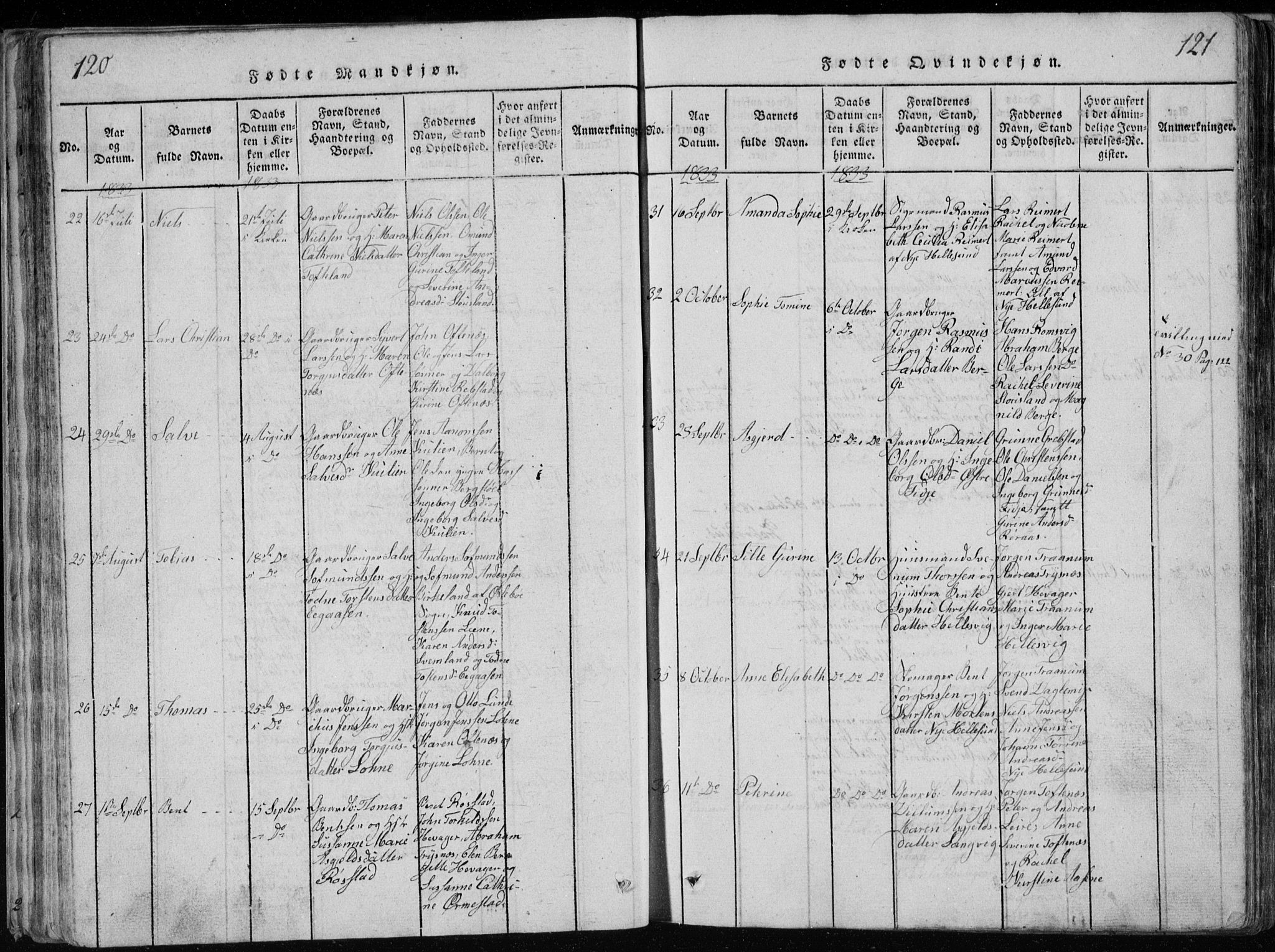 Søgne sokneprestkontor, AV/SAK-1111-0037/F/Fb/Fbb/L0002: Parish register (copy) no. B 2, 1821-1838, p. 120-121