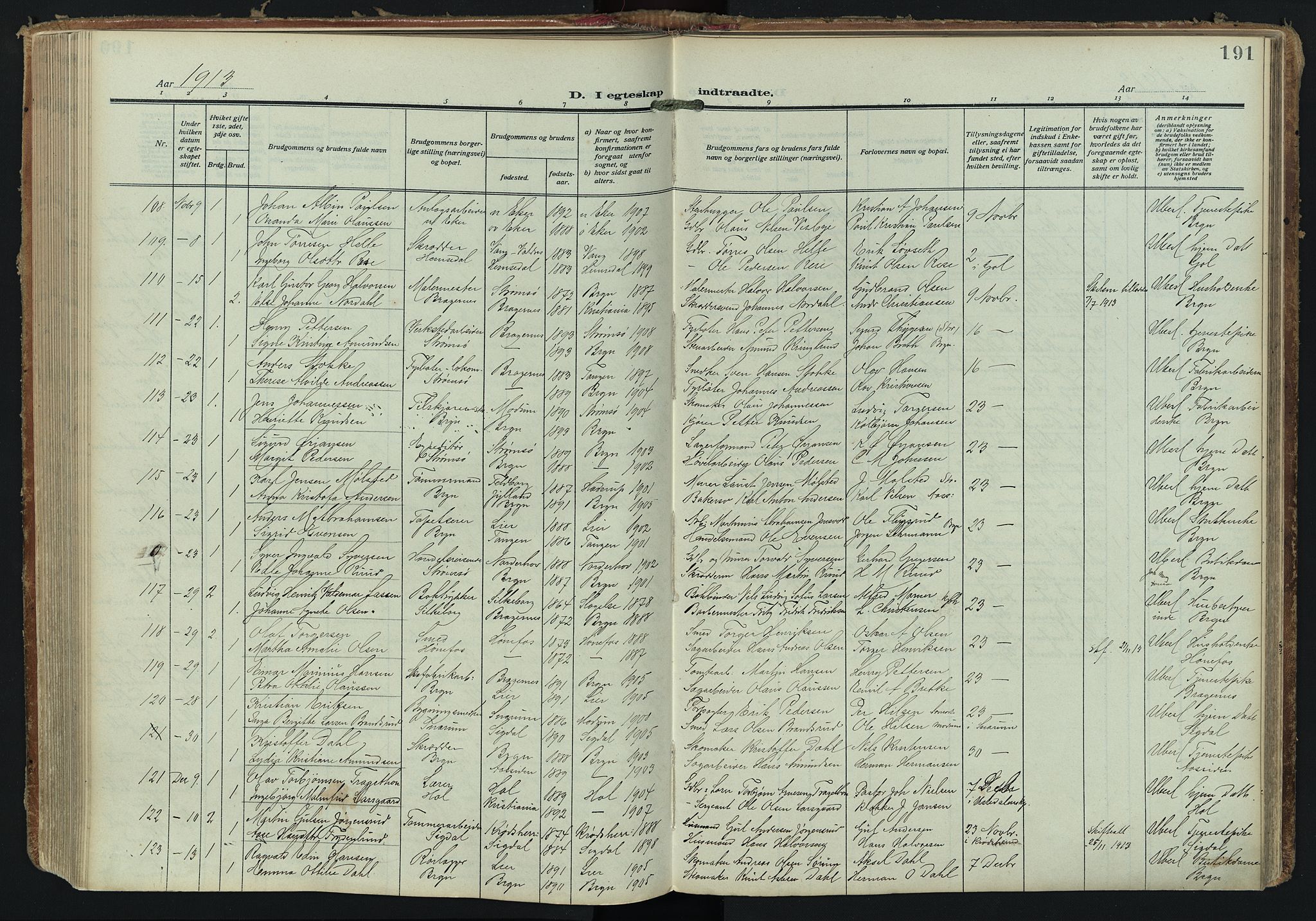 Bragernes kirkebøker, SAKO/A-6/F/Fc/L0008: Parish register (official) no. III 8, 1909-1921, p. 191