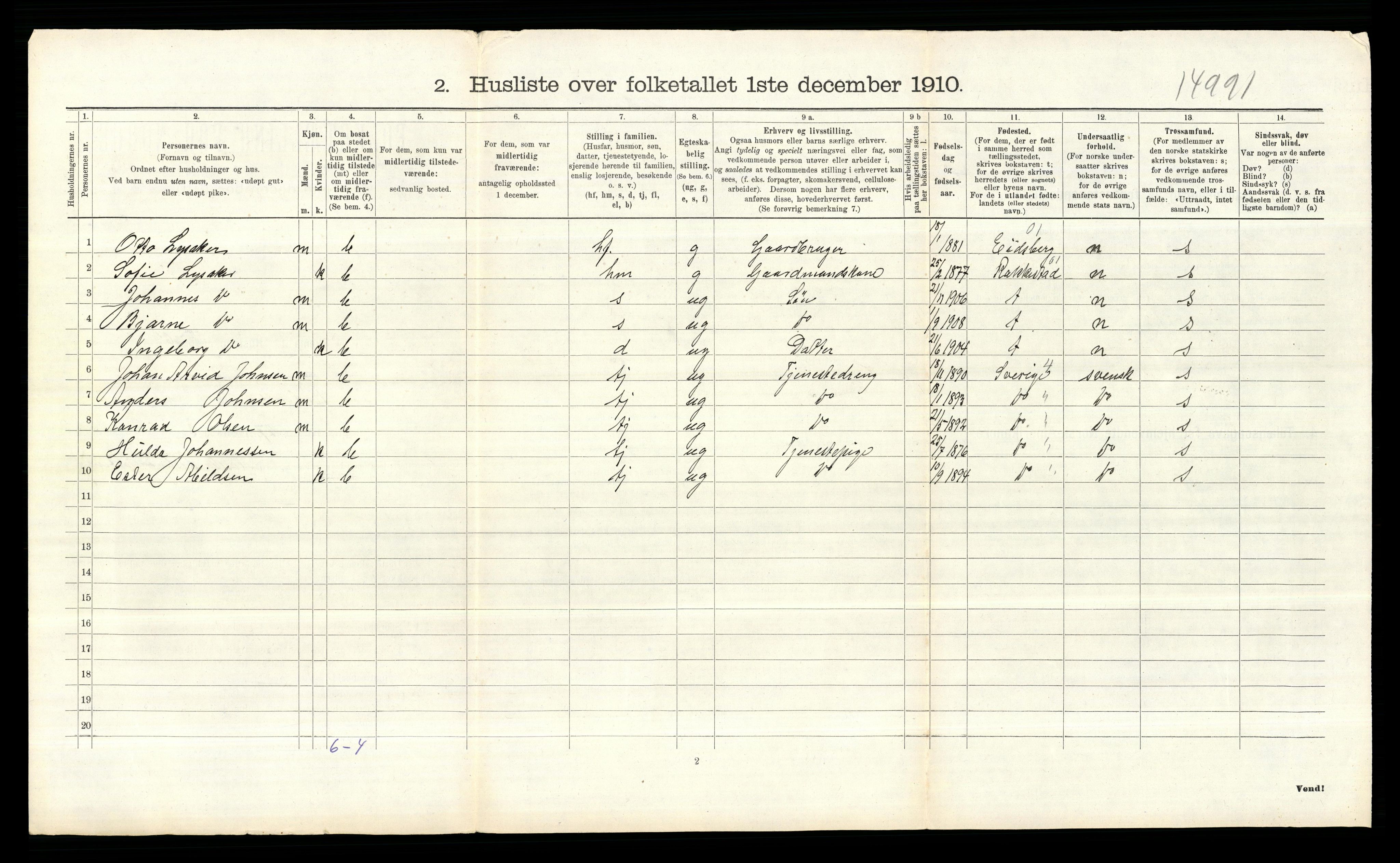 RA, 1910 census for Rødenes, 1910, p. 256